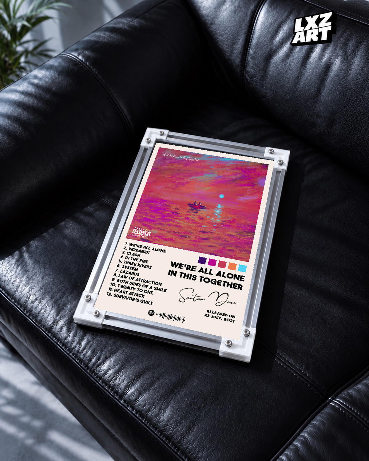 Dave We're All Alone in This Together White Tracklist Poster | Unframed Wall Art — black leather sofa display; unframed print, frame not included