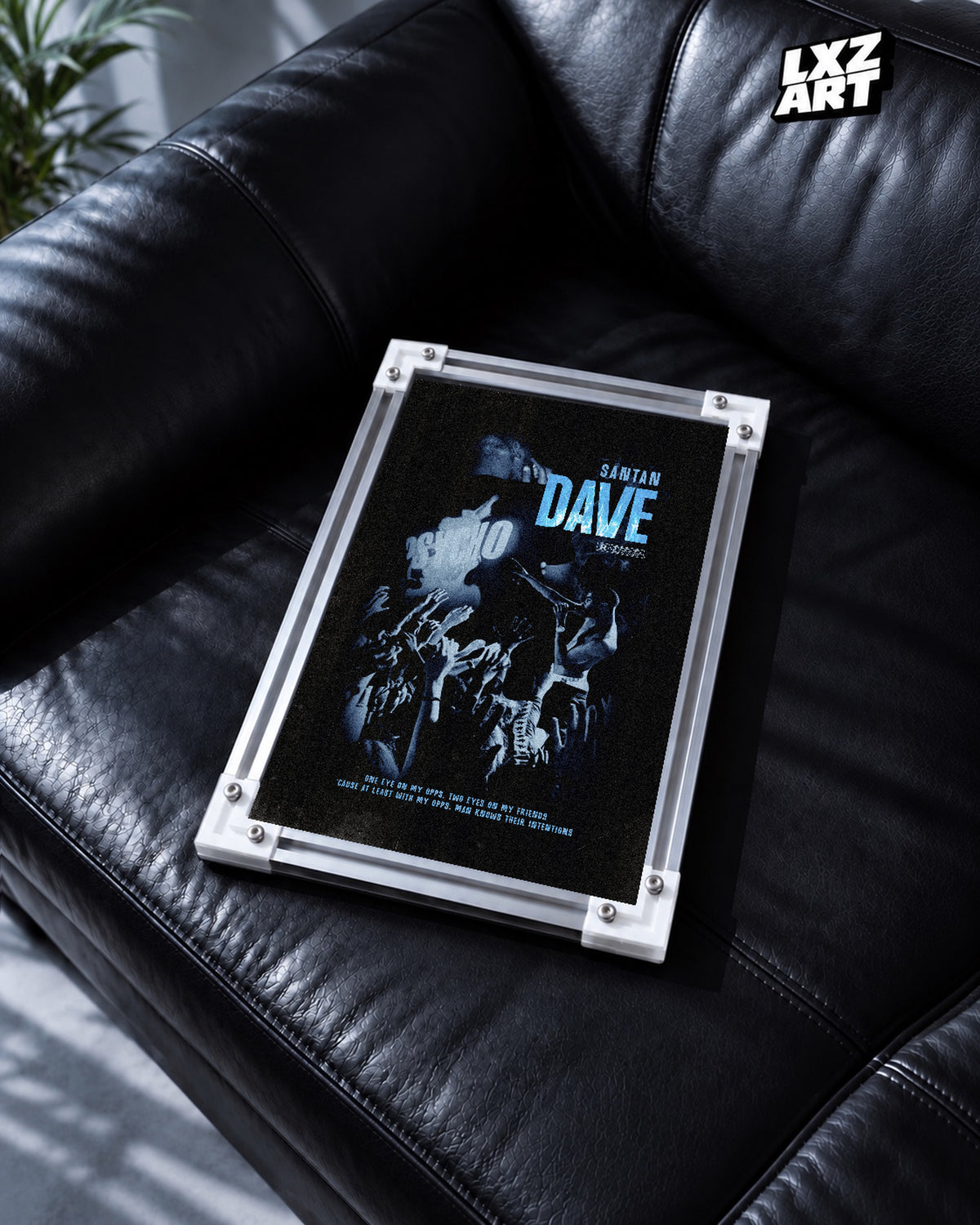 Dave Psycho Blue Performance Poster | Unframed Wall Art — black leather sofa display; unframed print, frame not included