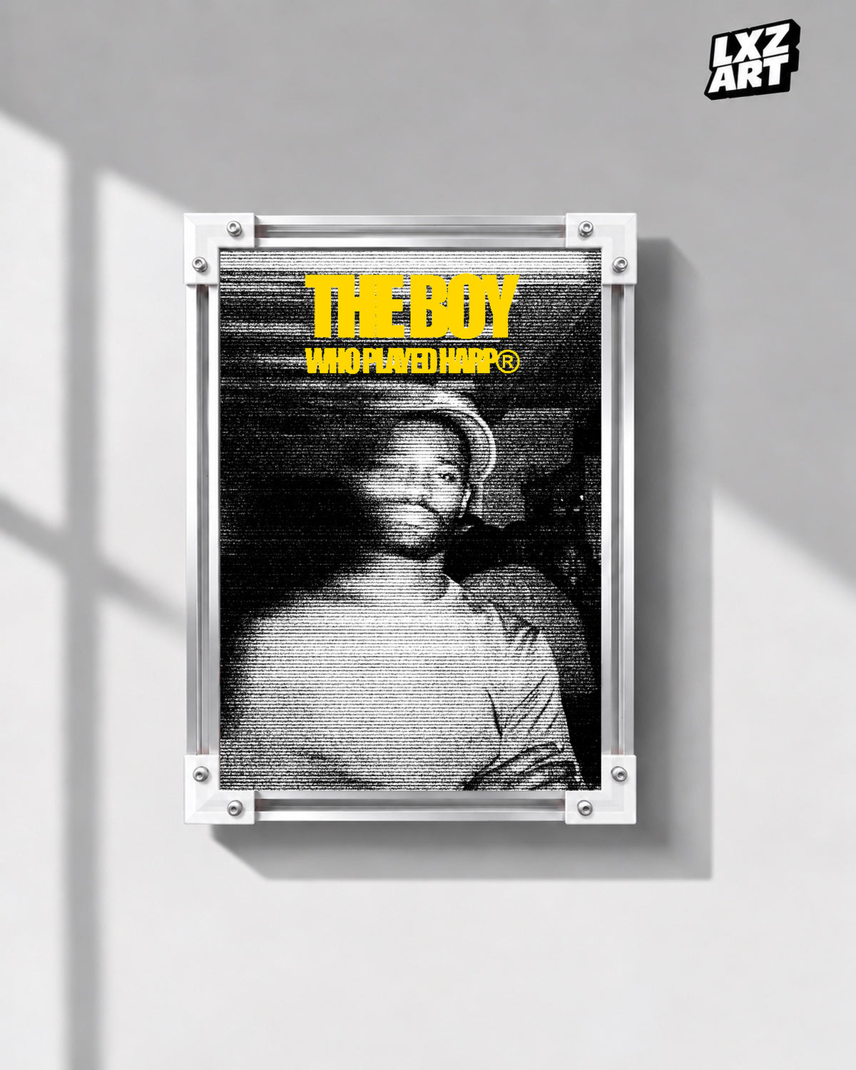 Dave The Boy Who Played the Harp Yellow Halftone Poster | Unframed Wall Art — gray wall display; unframed print, frame not included