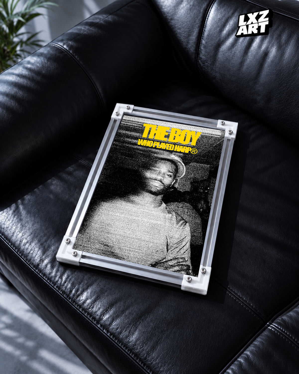Dave The Boy Who Played the Harp Yellow Halftone Poster | Unframed Wall Art — black leather sofa display; unframed print, frame not included