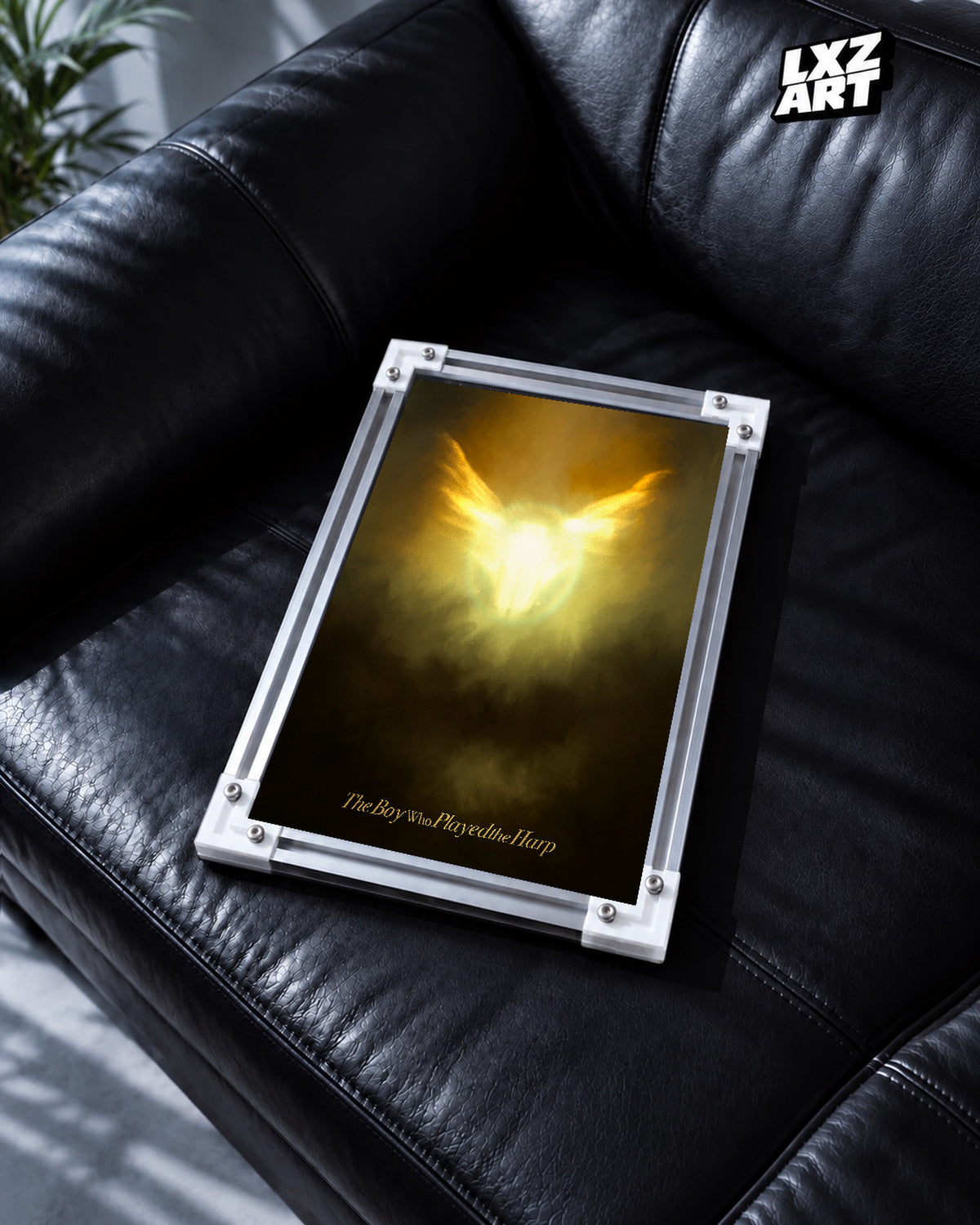 Dave The Boy Who Played the Harp Golden Angel Poster | Unframed Wall Art — black leather sofa display; unframed print, frame not included