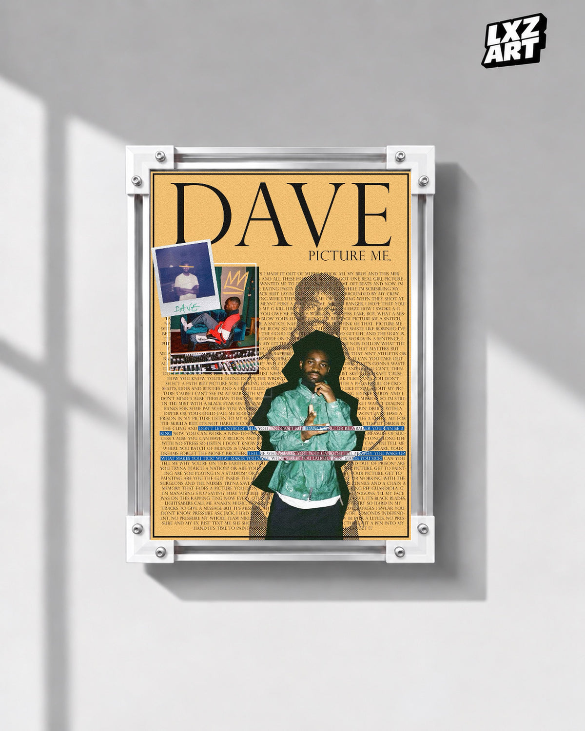 Dave Picture Me Yellow Lyrics Poster | Unframed Wall Art — gray wall display; unframed print, frame not included