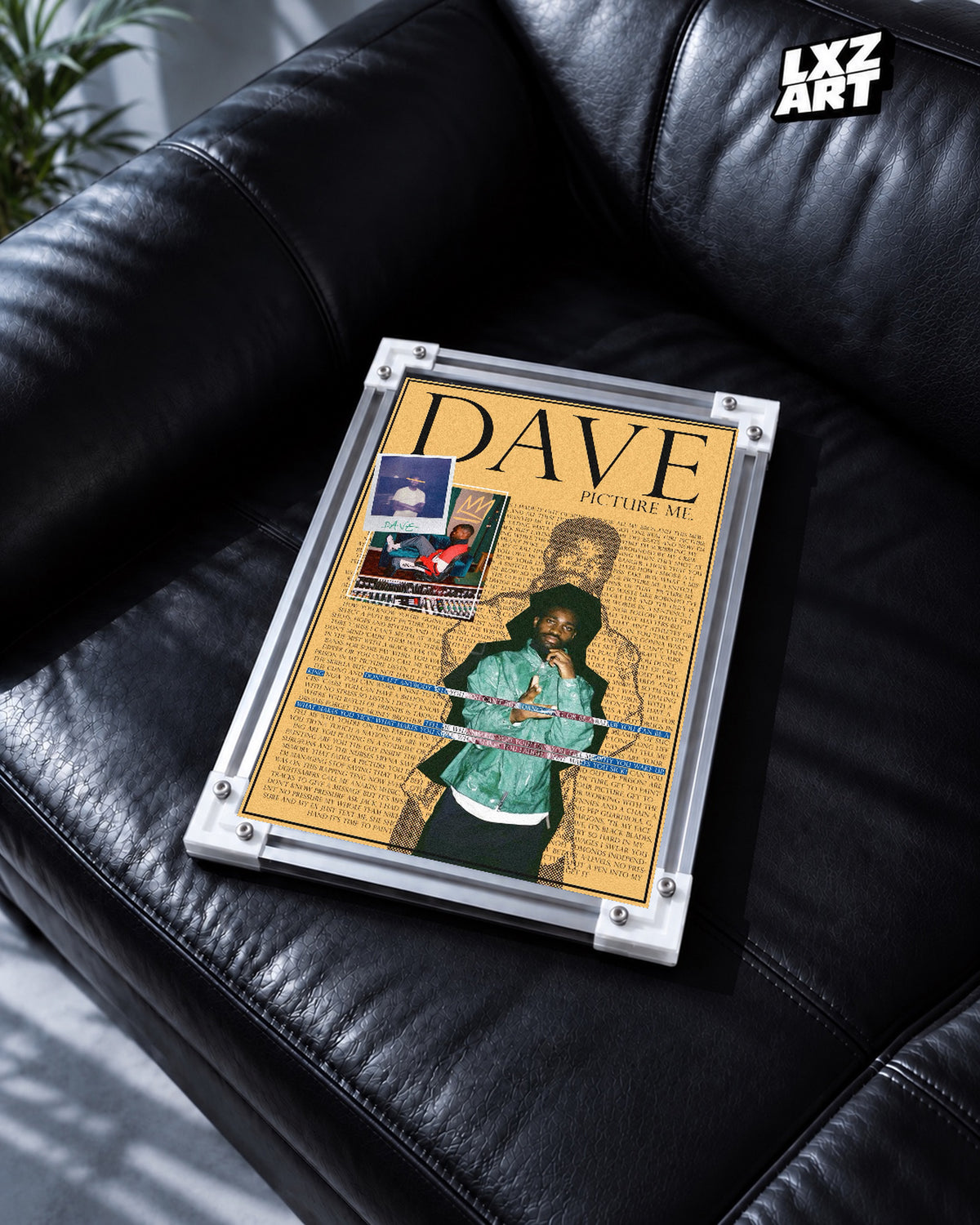 Dave Picture Me Yellow Lyrics Poster | Unframed Wall Art — black leather sofa display; unframed print, frame not included
