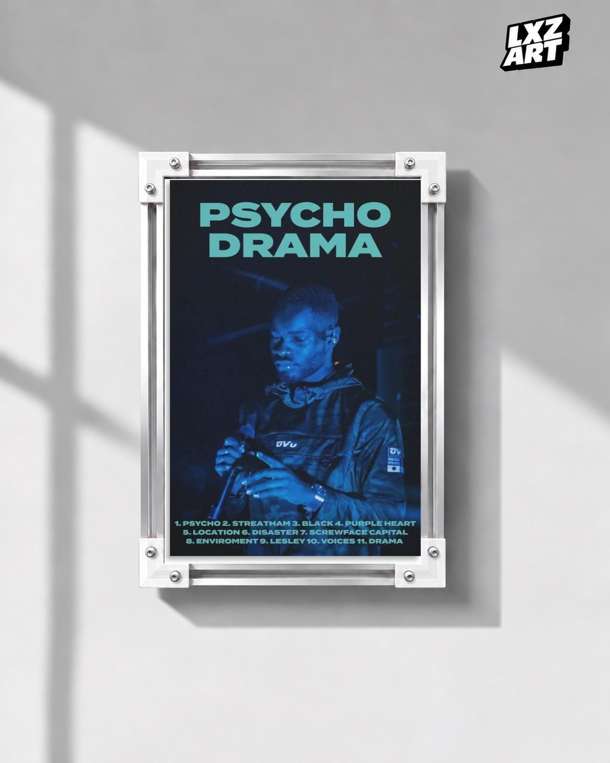 Dave Psychodrama Blue Performance Poster | Unframed Wall Art — gray wall display; unframed print, frame not included