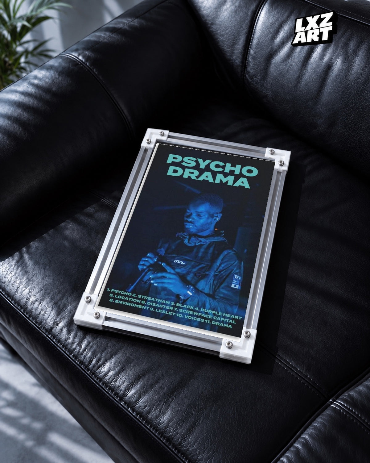 Dave Psychodrama Blue Performance Poster | Unframed Wall Art — black leather sofa display; unframed print, frame not included