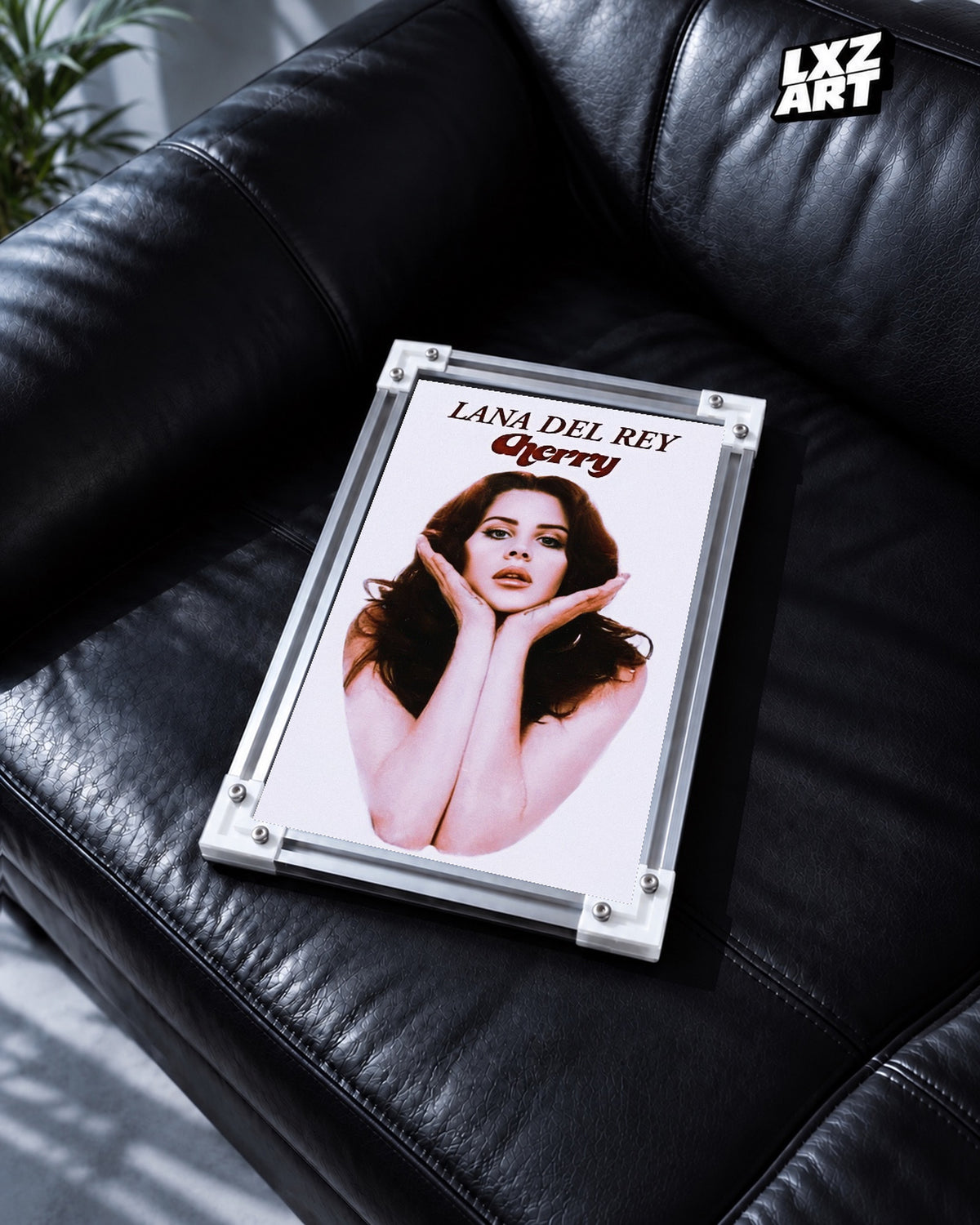 Lana Del Rey Cherry Portrait Song Poster | Unframed Wall Art — black leather sofa display; unframed print, frame not included