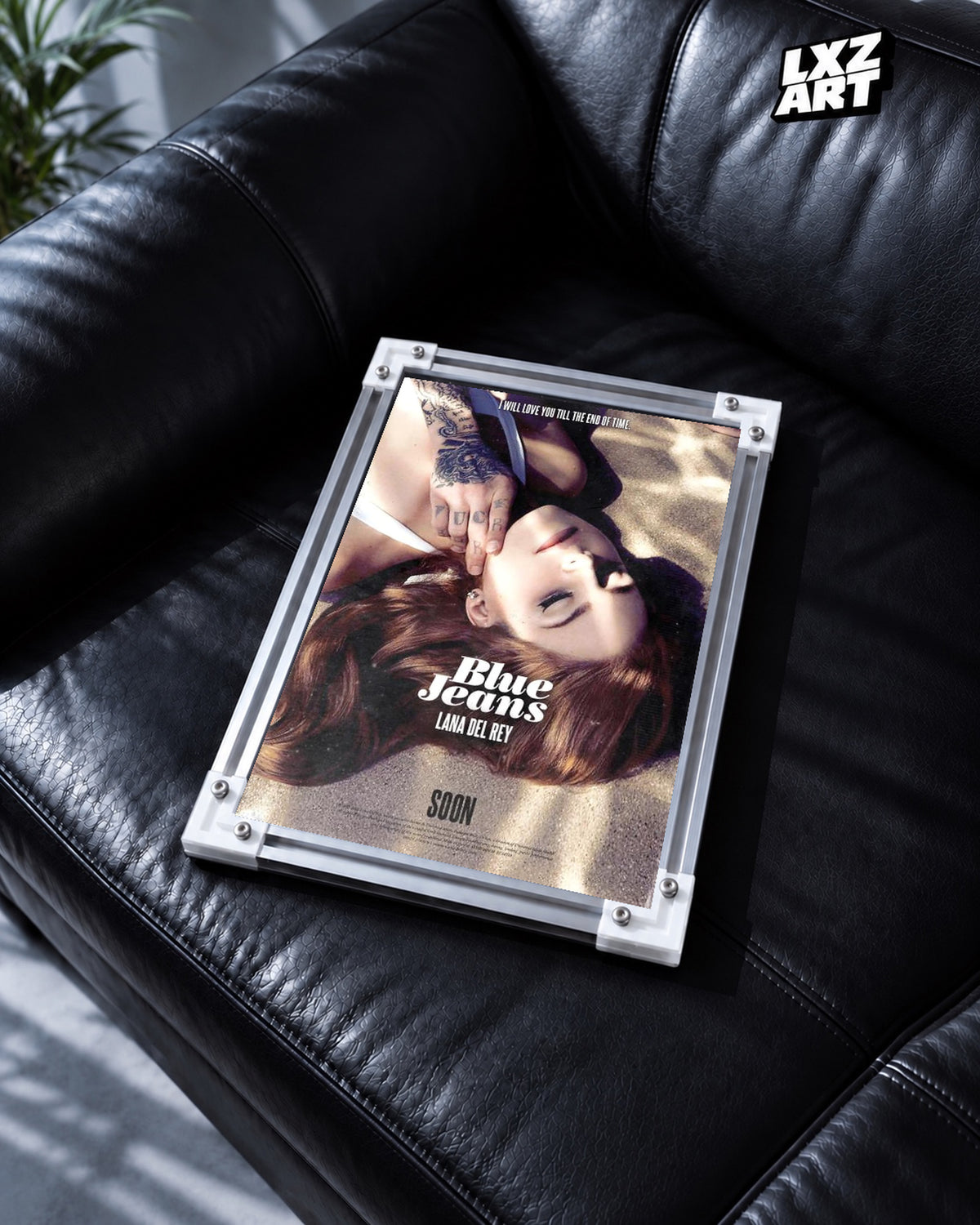 Lana Del Rey Blue Jeans Warm Portrait Poster | Unframed Wall Art — black leather sofa display; unframed print, frame not included