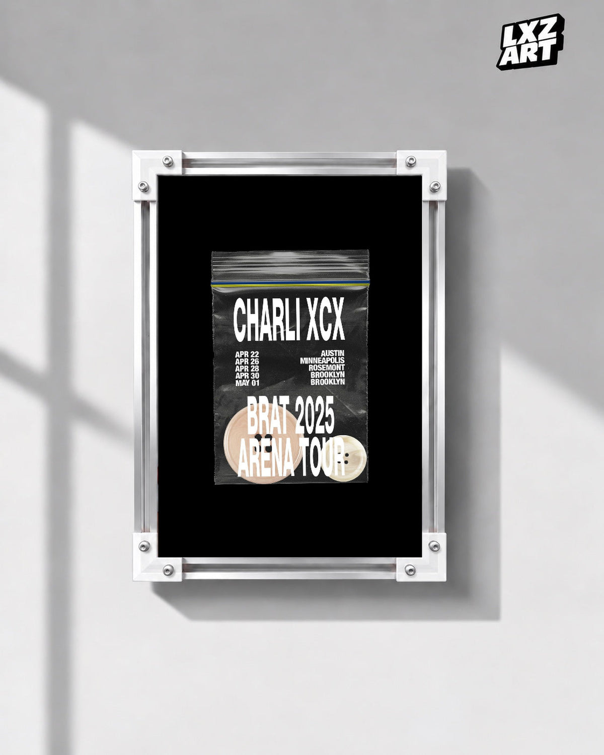 Charli xcx Brat 2025 US Tour Disc Graphic unframed poster shown in the gray-wall frame display.