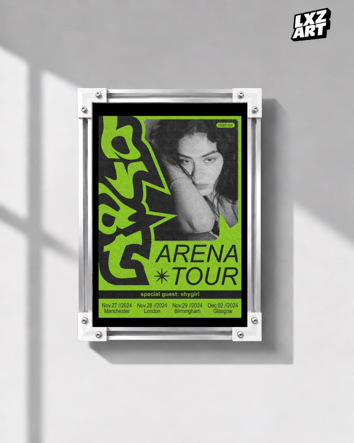 Charli xcx Brat Arena Tour Green Portrait unframed poster shown in the gray-wall frame display.