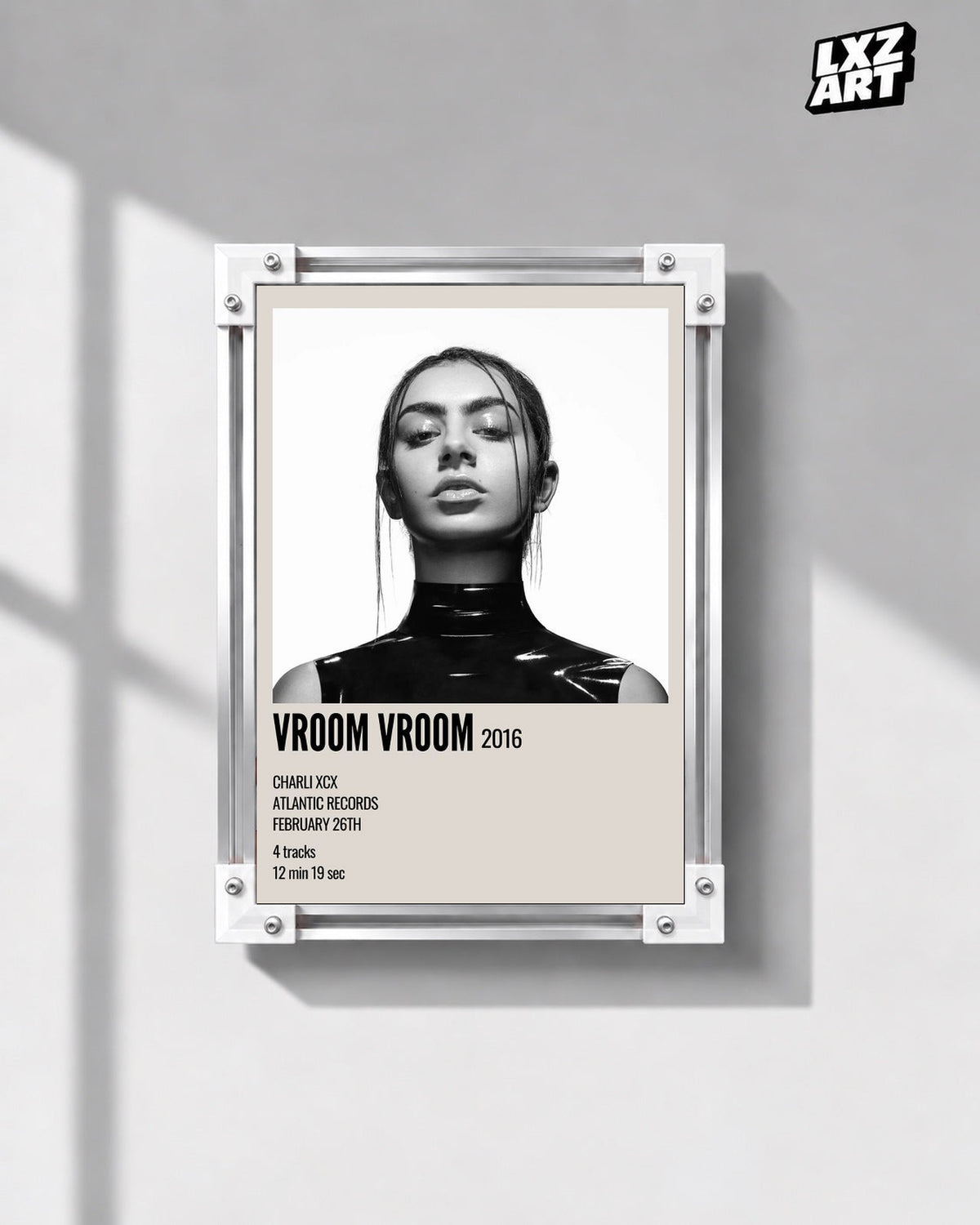 Charli xcx Vroom Vroom Monochrome Portrait unframed poster shown in the gray-wall frame display.