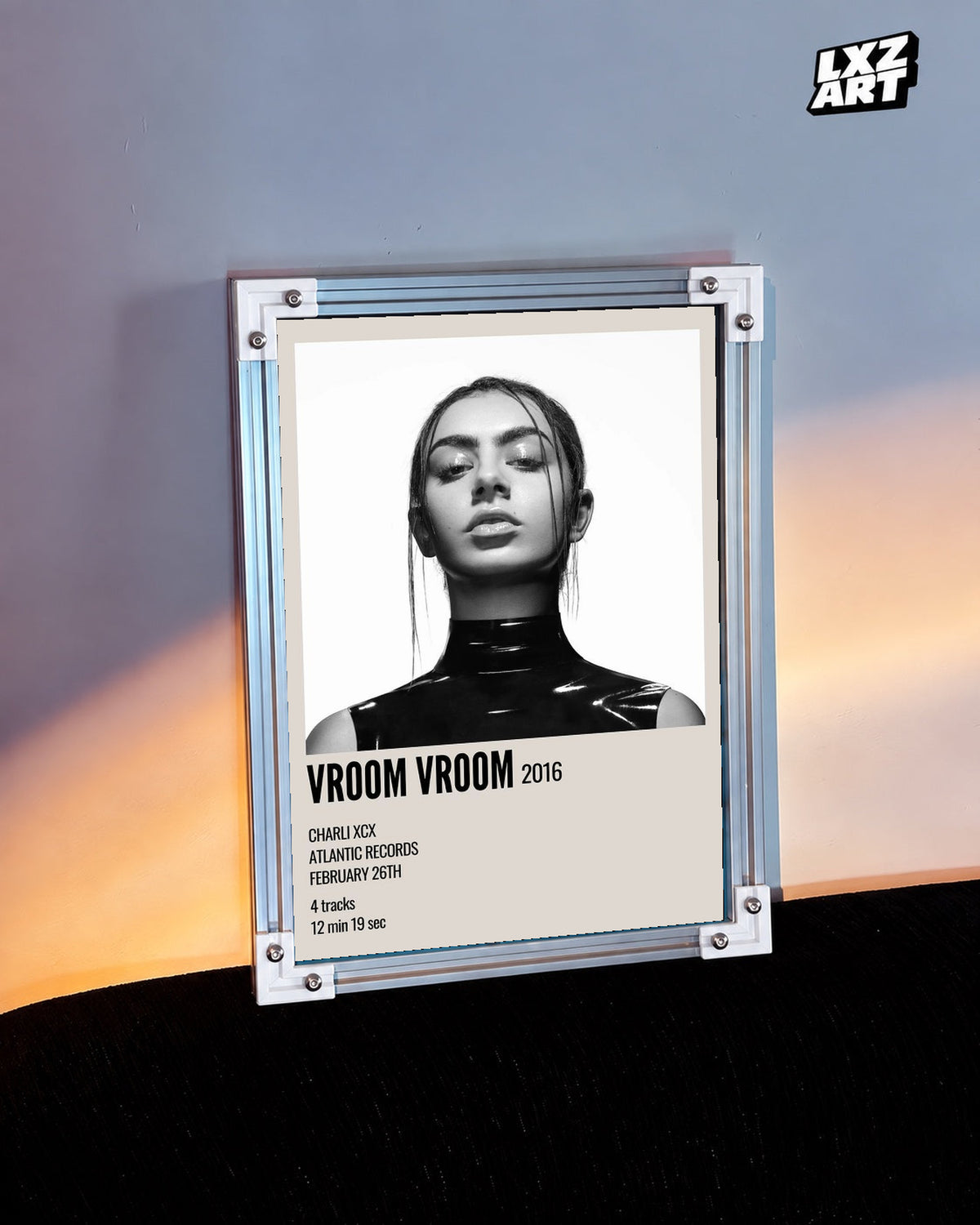 Charli xcx Vroom Vroom Monochrome Portrait unframed poster shown in the warm-lit wall display.
