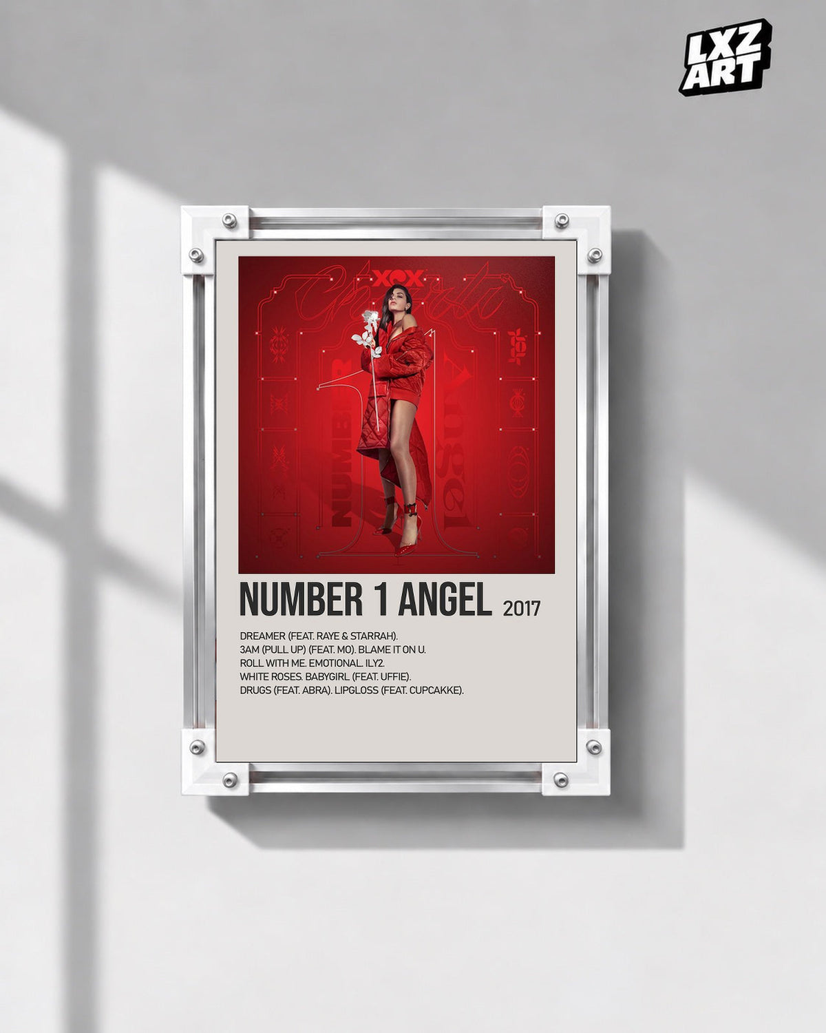 Charli xcx Number 1 Angel Red Tracklist unframed poster shown in the gray-wall frame display.