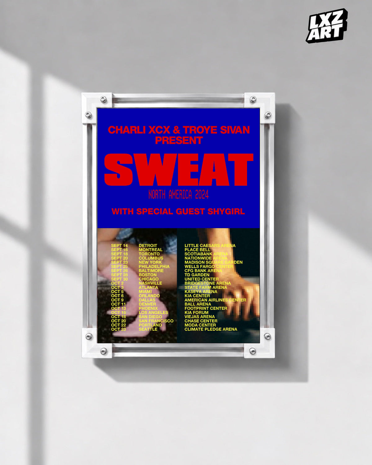 Charli xcx Sweat 2024 Blue and Red Tour unframed poster shown in the gray-wall frame display.