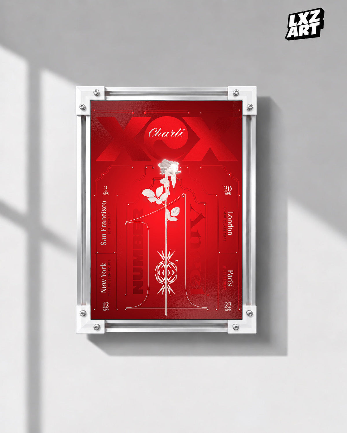 Charli xcx Number 1 Angel Red Rose Tour unframed poster shown in the gray-wall frame display.