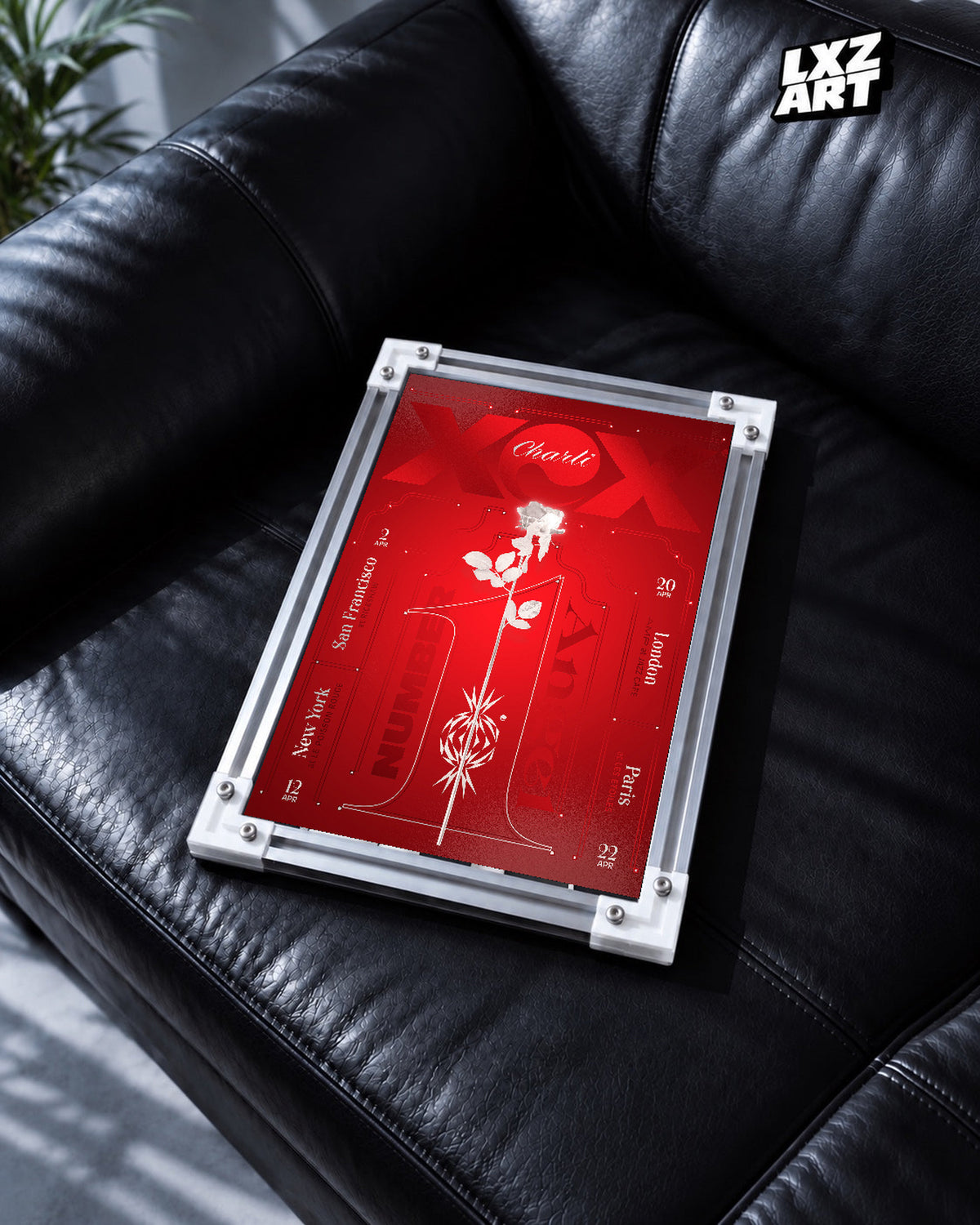 Charli xcx Number 1 Angel Red Rose Tour unframed poster shown in the black leather sofa display.