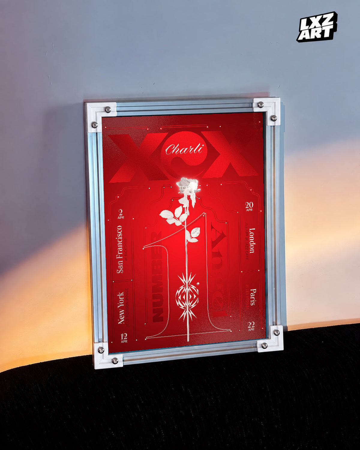 Charli xcx Number 1 Angel Red Rose Tour unframed poster shown in the warm-lit wall display.