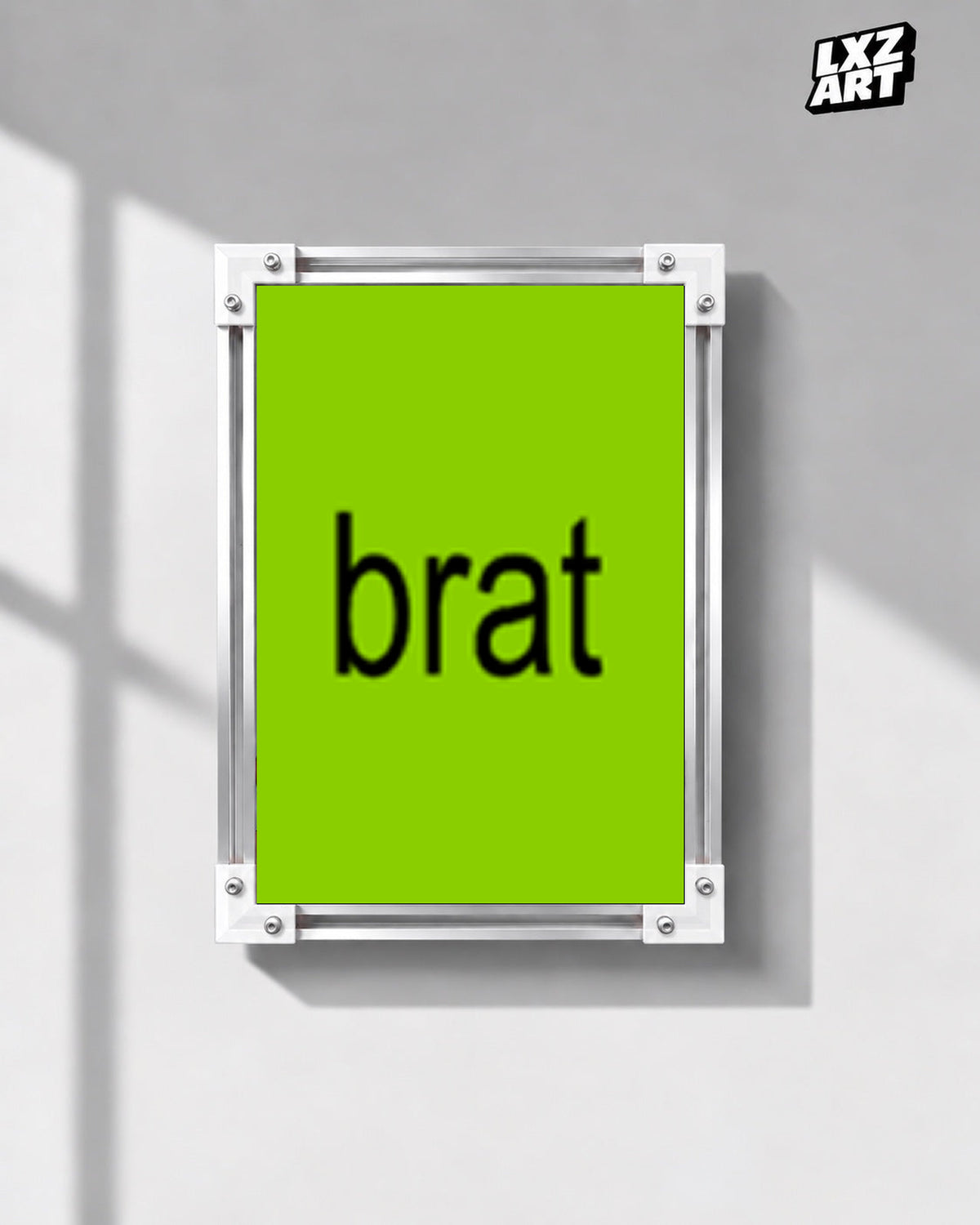 Charli xcx Brat Minimal Green Typography unframed poster shown in the gray-wall frame display.