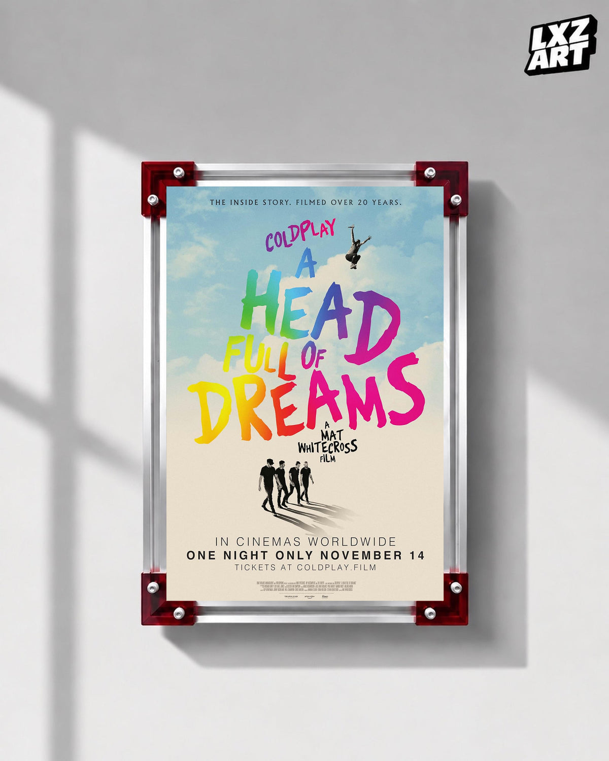 Coldplay A Head Full of Dreams Documentary Poster displayed on a gray wall in a red-corner frame; unframed print, frame not included