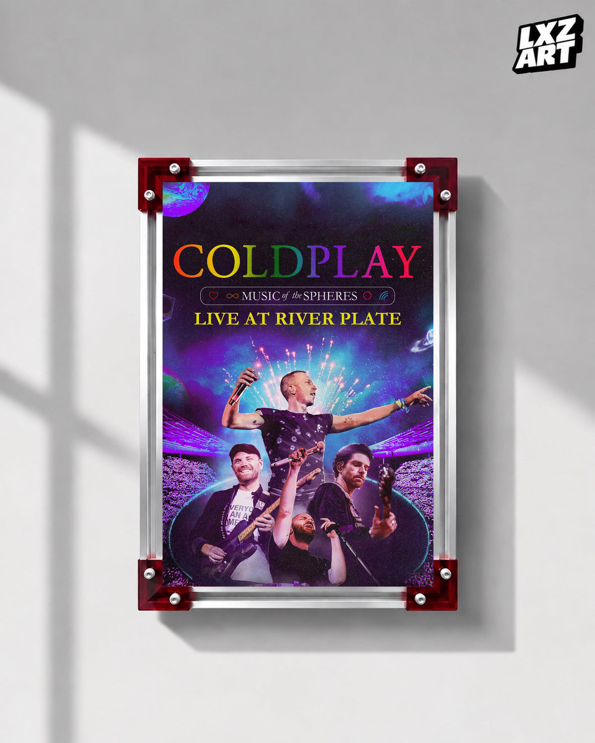 Coldplay Music of the Spheres Live at River Plate Poster displayed on a gray wall in a red-corner frame; unframed print, frame not included