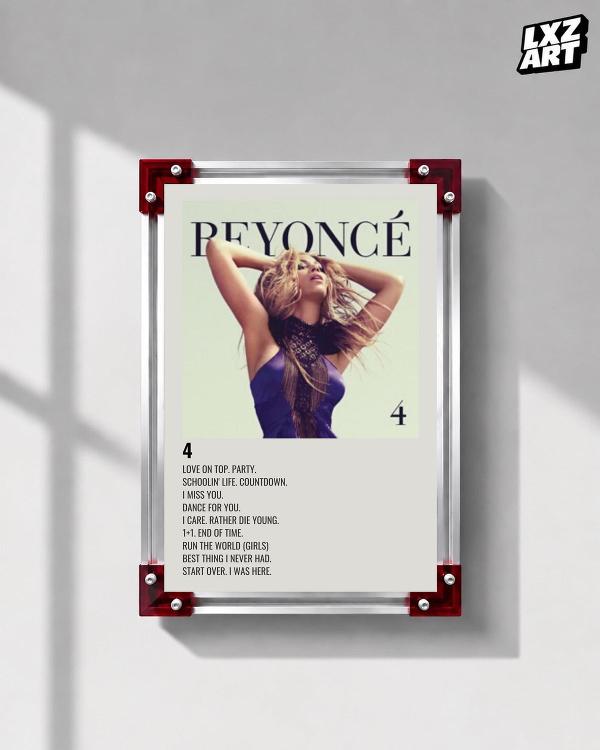 Beyoncé 4 tracklist poster displayed on a gray wall in a red corner frame; unframed print, frame not included