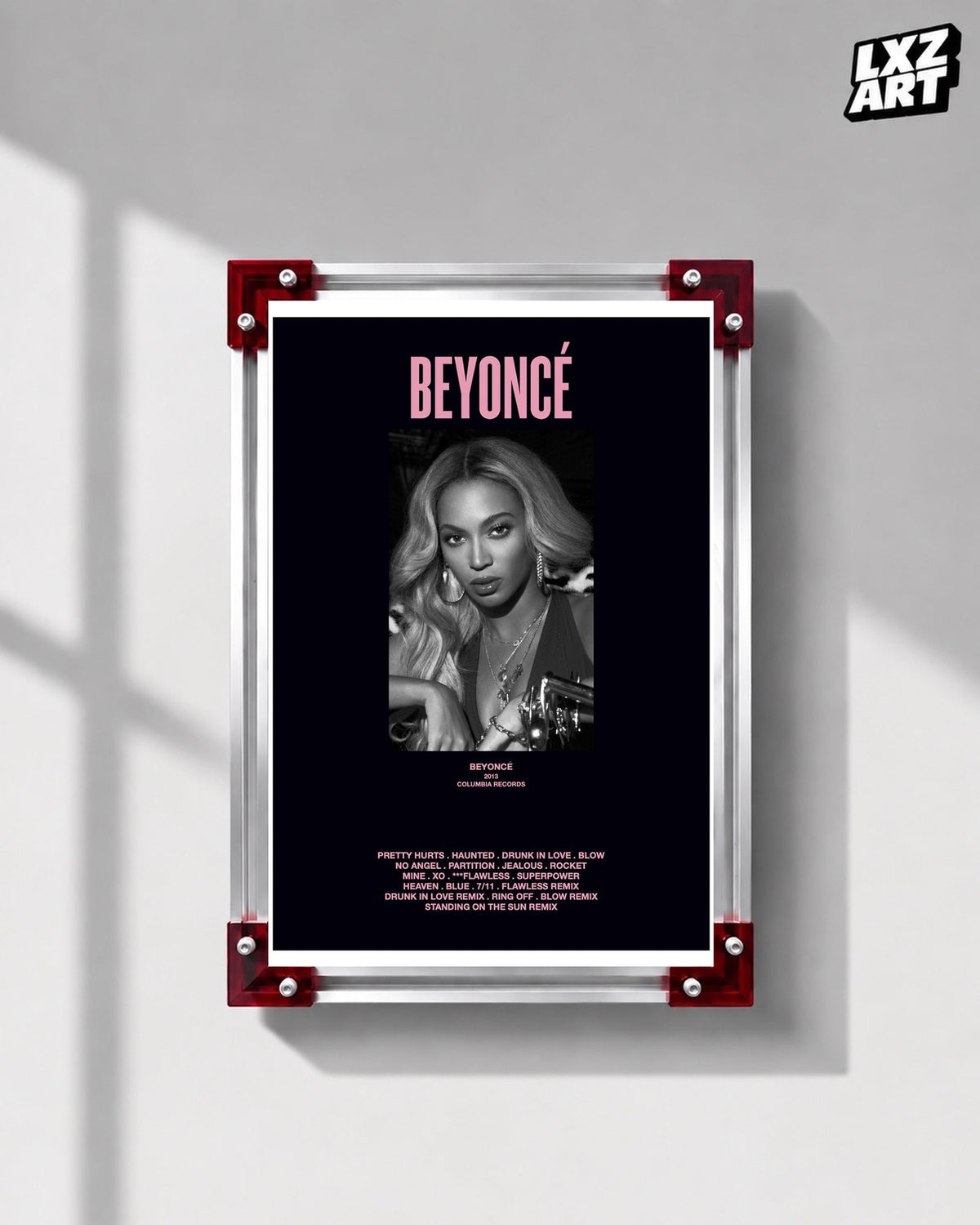 Beyoncé Beyoncé tracklist poster displayed on a gray wall in a red corner frame; unframed print, frame not included