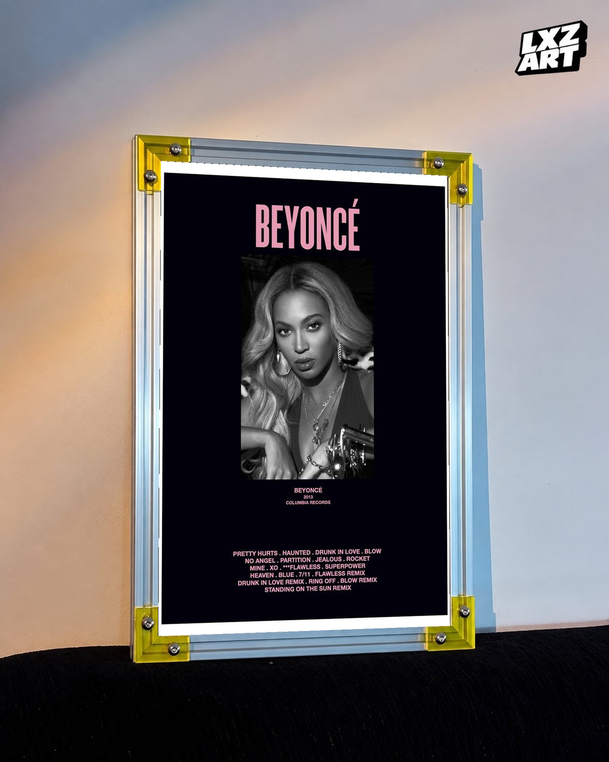 Beyoncé Beyoncé tracklist poster displayed against a warm wall in a yellow corner frame; unframed print, frame not included