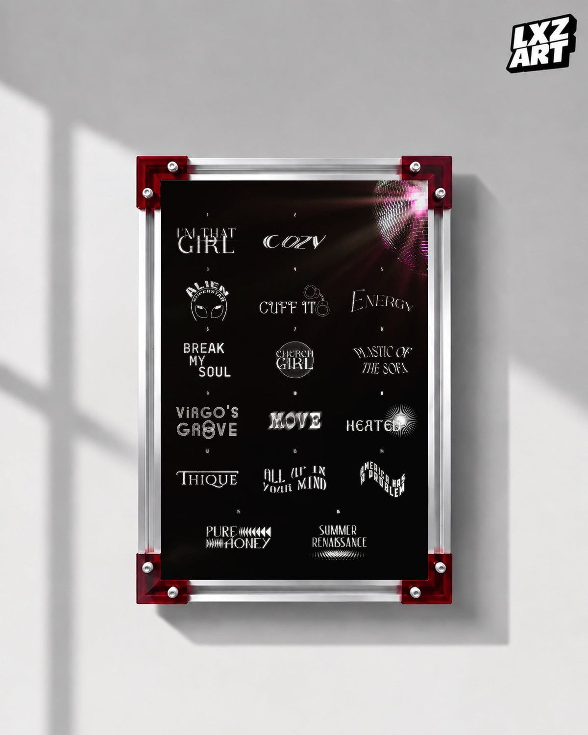 Beyoncé Renaissance tracklist poster displayed on a gray wall in a red corner frame; unframed print, frame not included