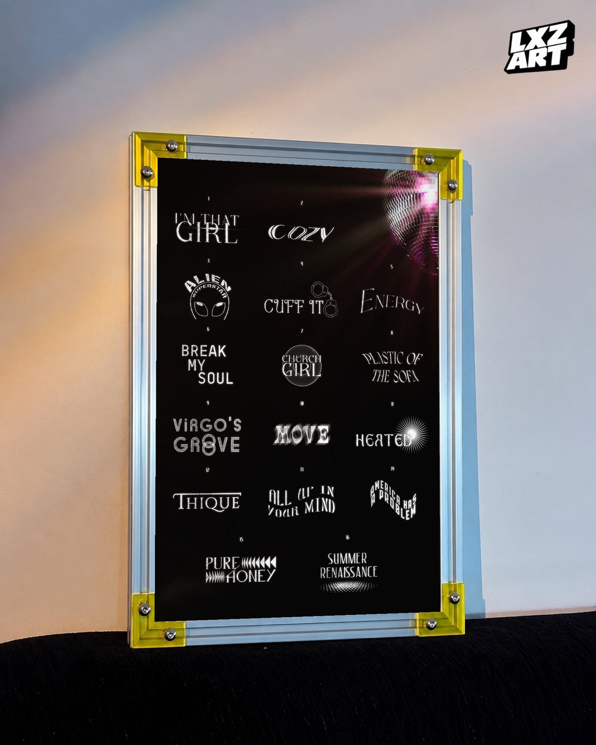 Beyoncé Renaissance tracklist poster displayed against a warm wall in a yellow corner frame; unframed print, frame not included