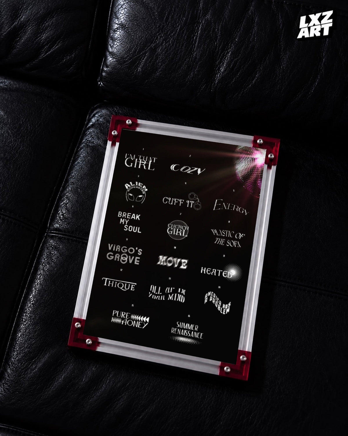Beyoncé Renaissance tracklist poster displayed on a black leather sofa in a red corner frame; unframed print, frame not included