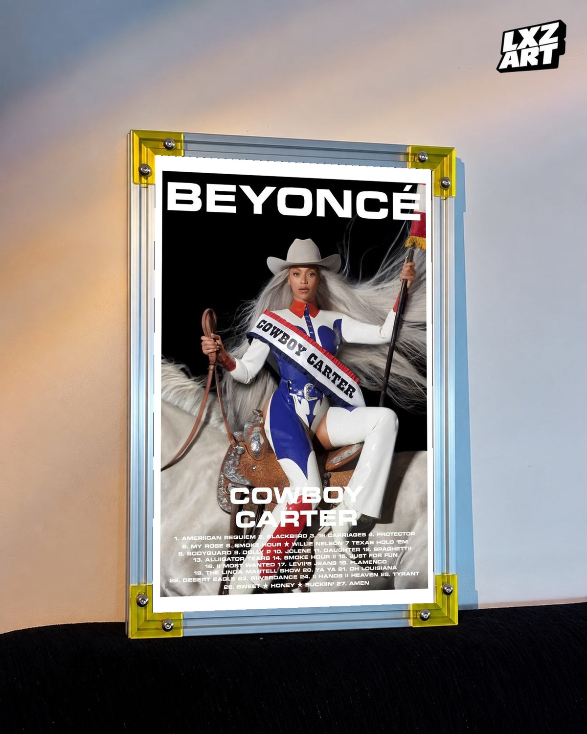 Beyoncé Cowboy Carter tracklist poster displayed against a warm wall in a yellow corner frame; unframed print, frame not included