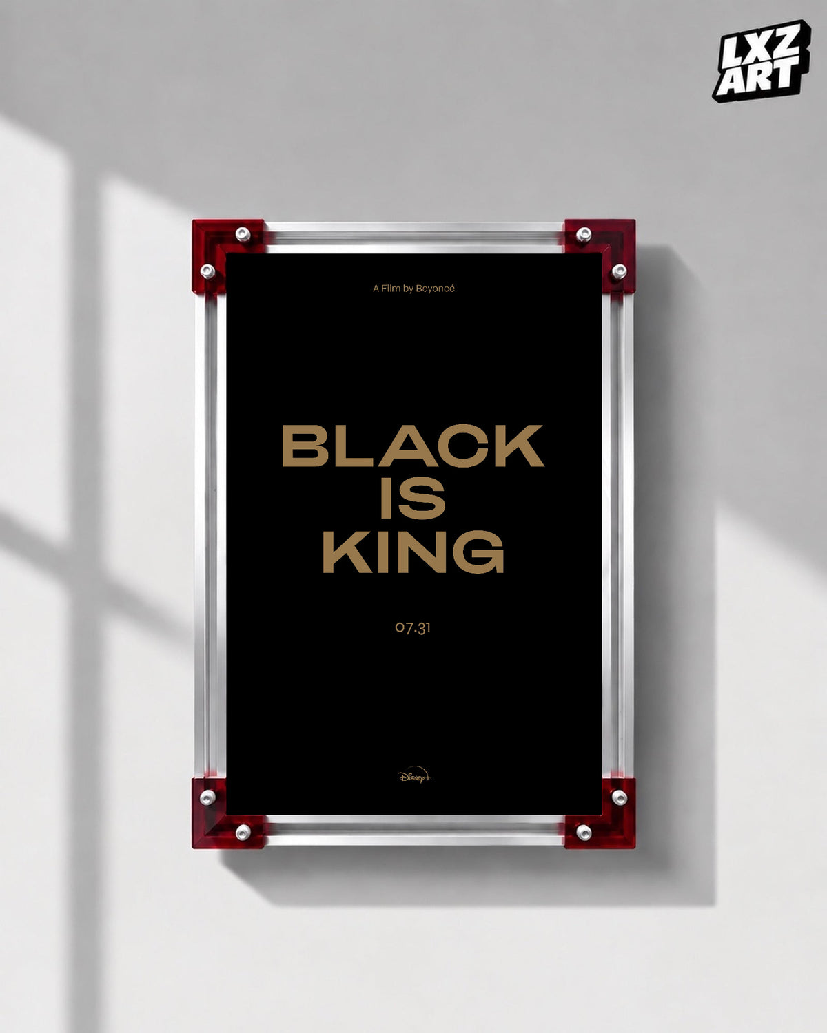 Beyoncé Black Is King film poster displayed on a gray wall in a red corner frame; unframed print, frame not included