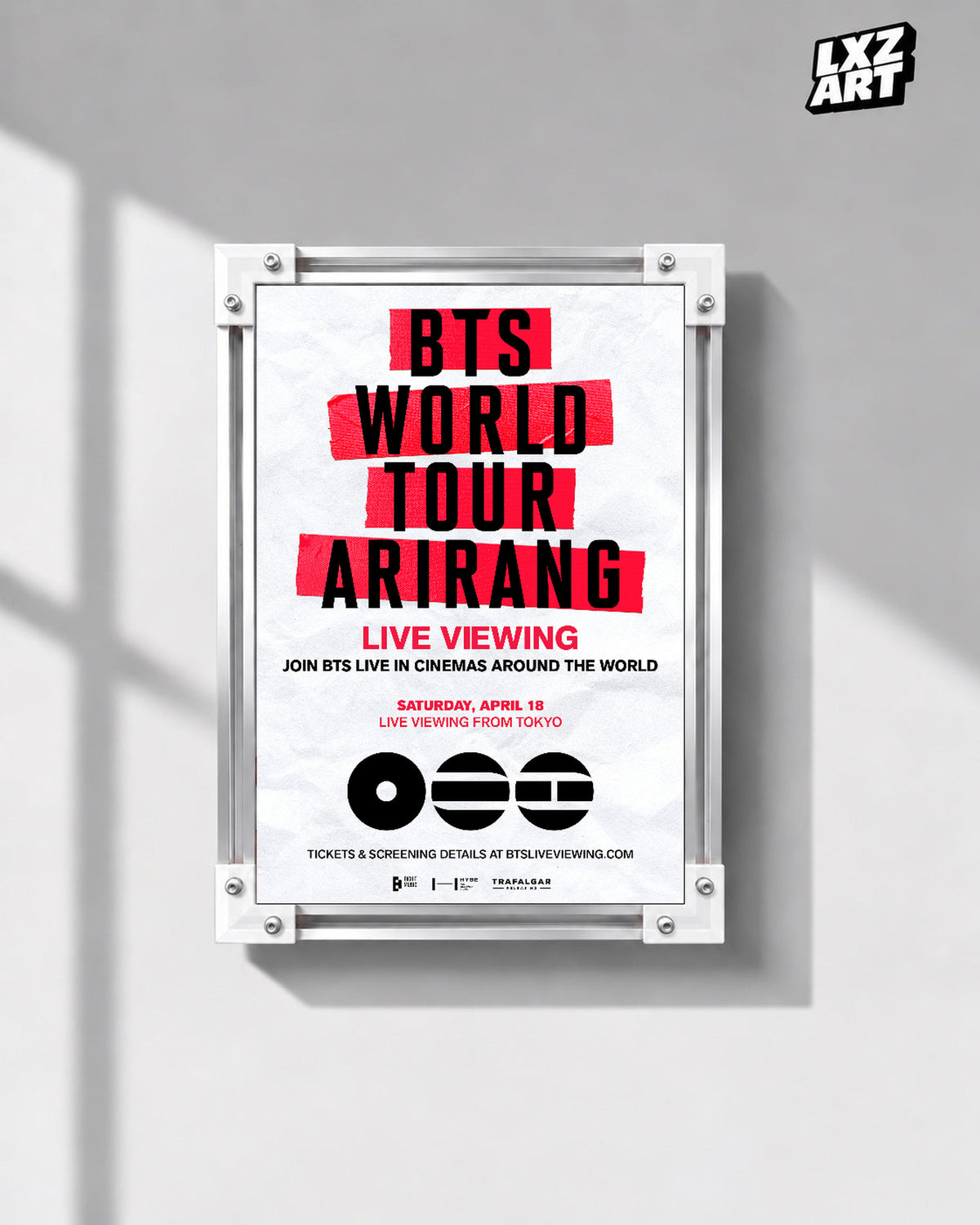 BTS World Tour ARIRANG in Japan Live Viewing poster in the LXZART front-facing grey-wall display. Unframed print; frame shown for display only.