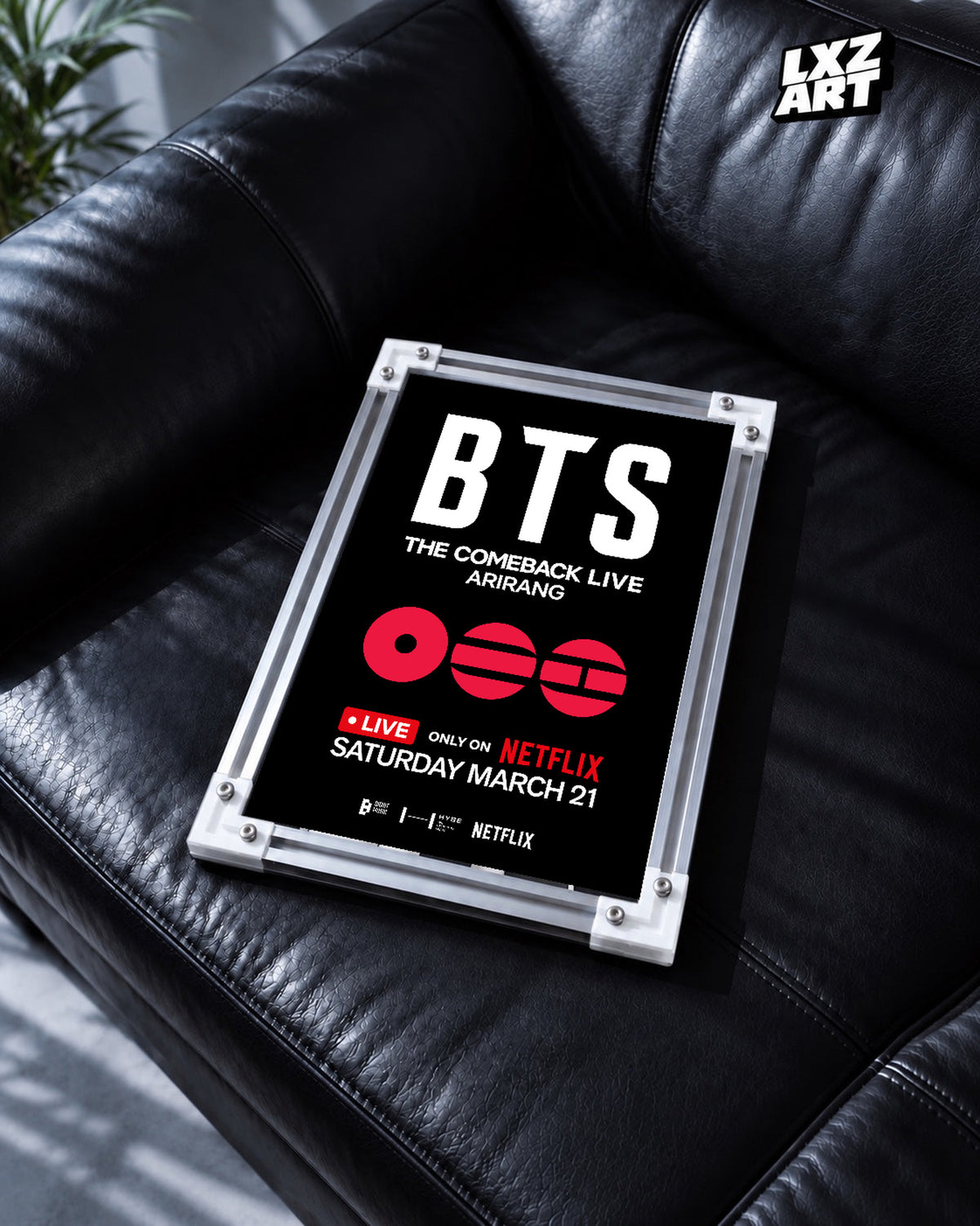 BTS The Comeback Live ARIRANG poster in the LXZART black leather sofa display. Unframed print; frame shown for display only.