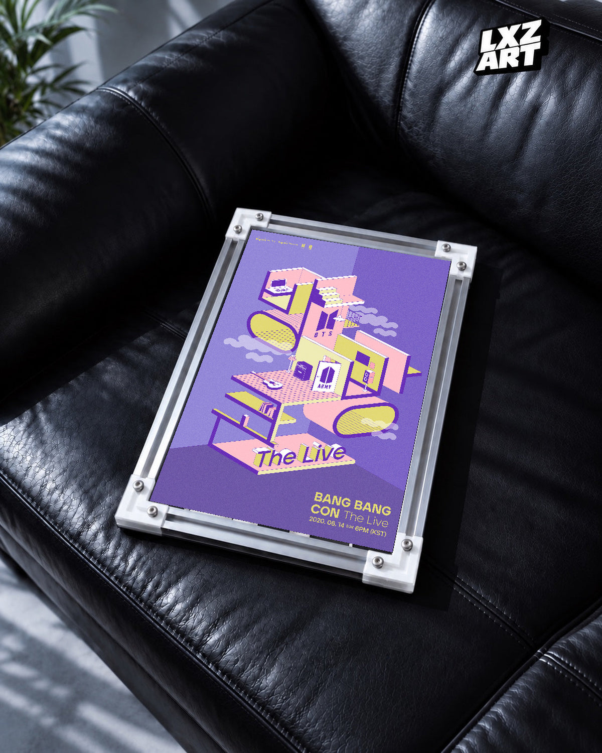 BANG BANG CON The Live poster in the LXZART black leather sofa display. Unframed print; frame shown for display only.