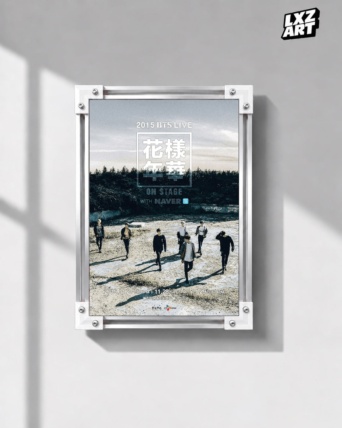 2015 BTS Live The Most Beautiful Moment in Life On Stage poster in the LXZART front-facing grey-wall display. Unframed print; frame shown for display only.