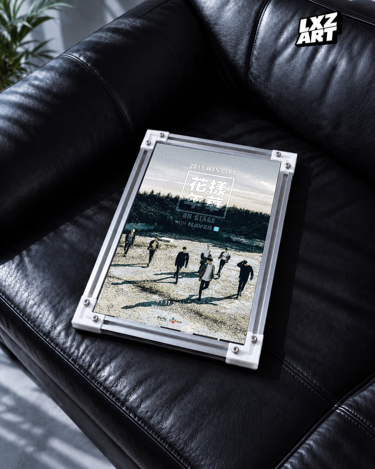 2015 BTS Live The Most Beautiful Moment in Life On Stage poster in the LXZART black leather sofa display. Unframed print; frame shown for display only.