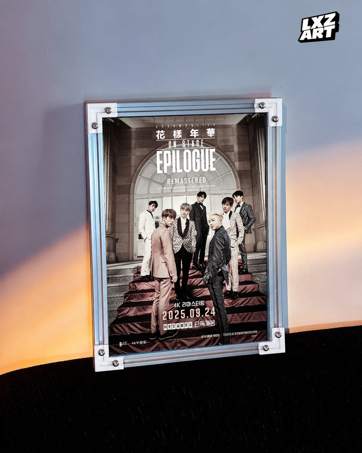 2016 BTS Live On Stage Epilogue Remastered poster in the LXZART warm-lit wall display. Unframed print; frame shown for display only.
