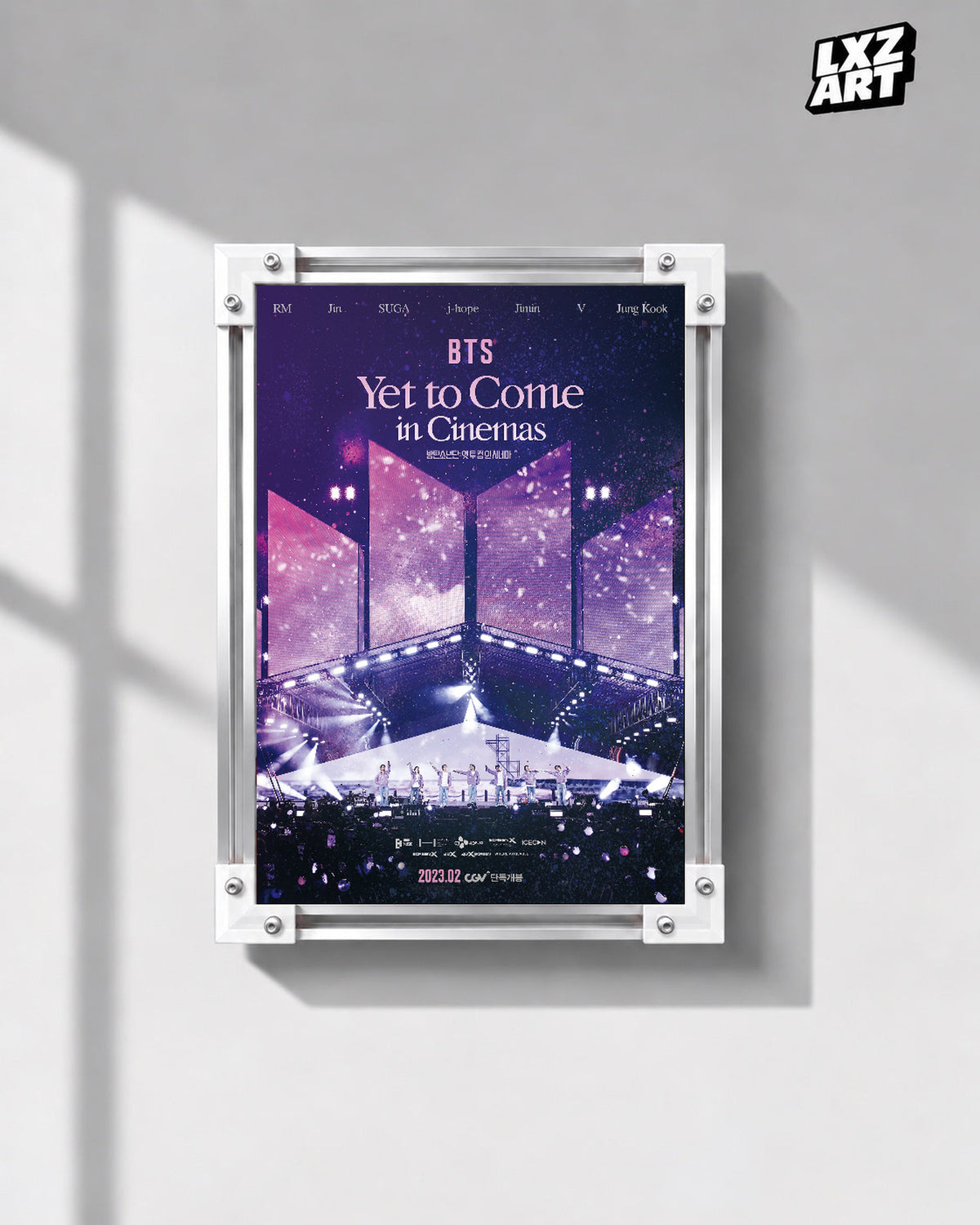 BTS Yet To Come in Cinemas poster in the LXZART front-facing grey-wall display. Unframed print; frame shown for display only.