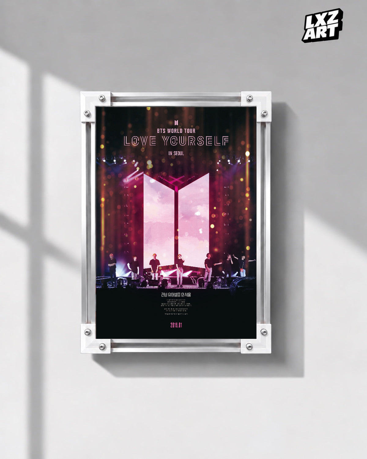 BTS World Tour Love Yourself in Seoul poster in the LXZART front-facing grey-wall display. Unframed print; frame shown for display only.