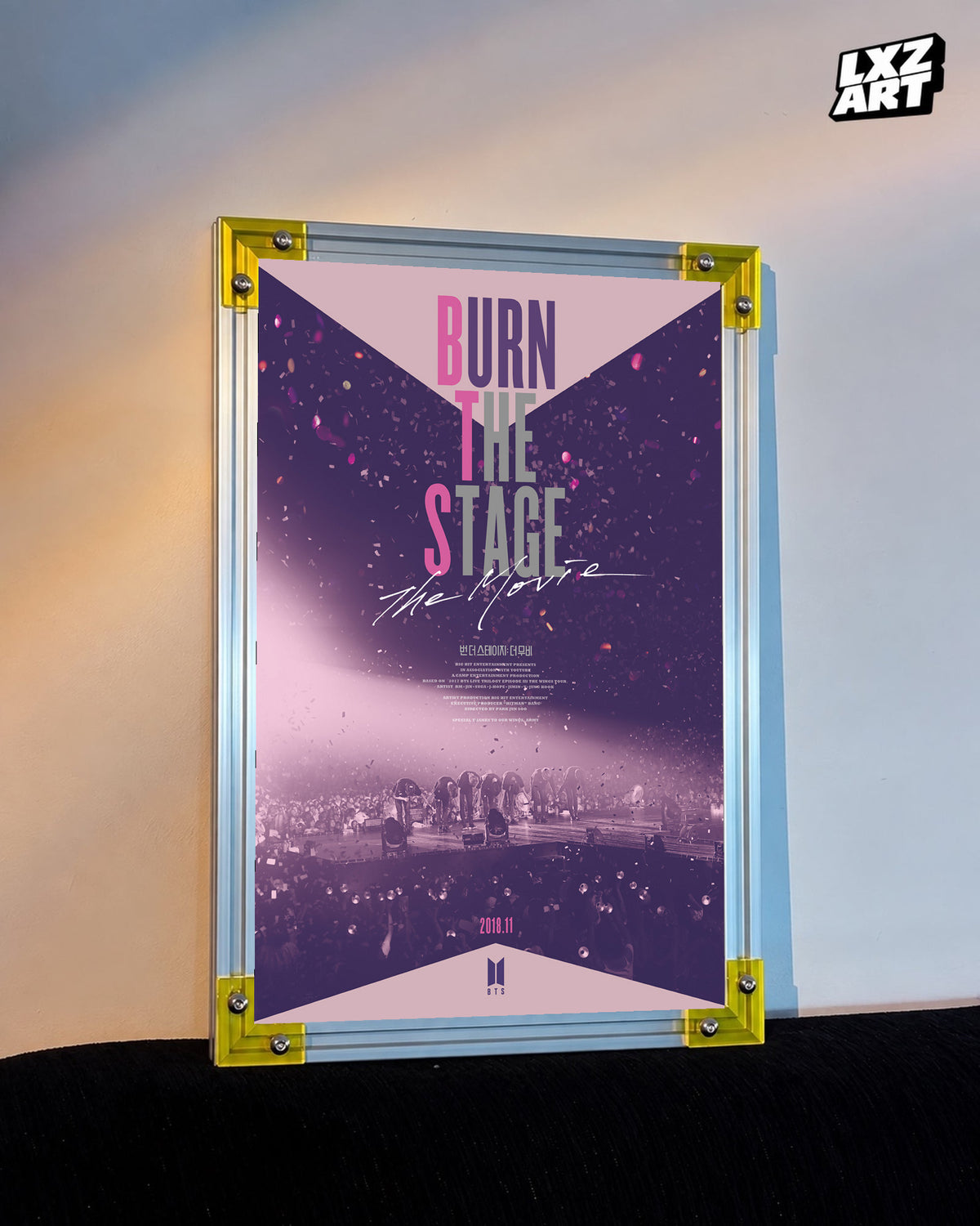 BTS Burn the Stage: The Movie concert documentary poster displayed against a warm wall in a yellow-corner frame; unframed print, frame not included