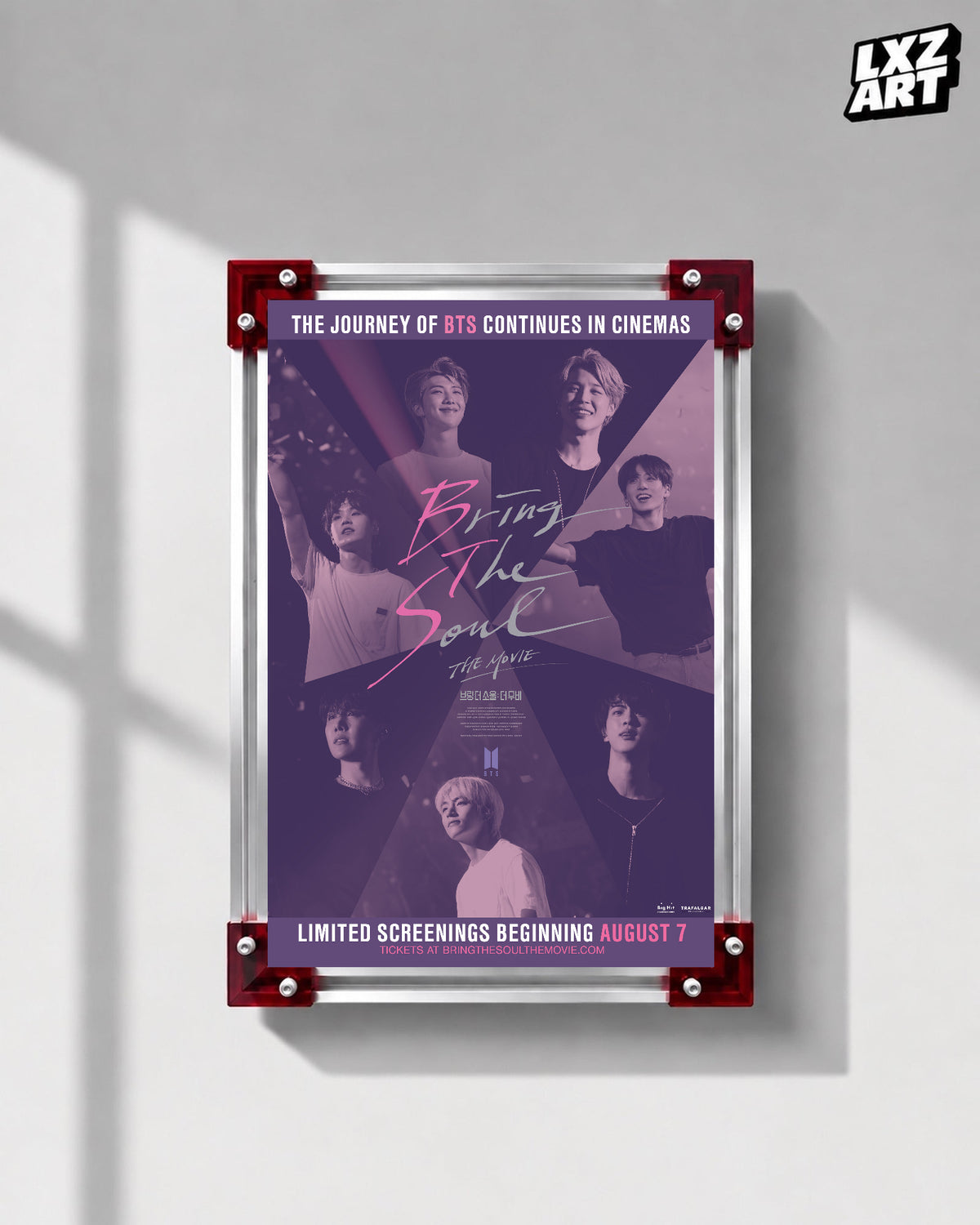 BTS Bring the Soul: The Movie concert documentary poster displayed on a gray wall in a red-corner frame; unframed print, frame not included