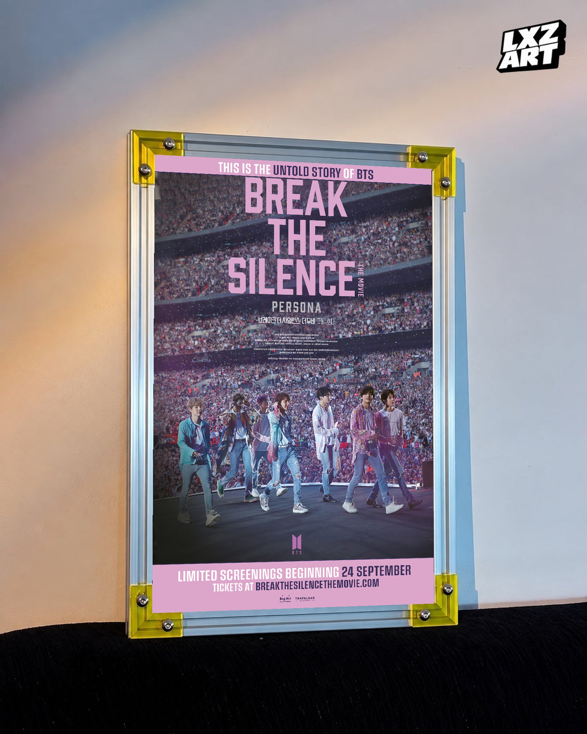 BTS Break the Silence: The Movie concert documentary poster displayed against a warm wall in a yellow-corner frame; unframed print, frame not included