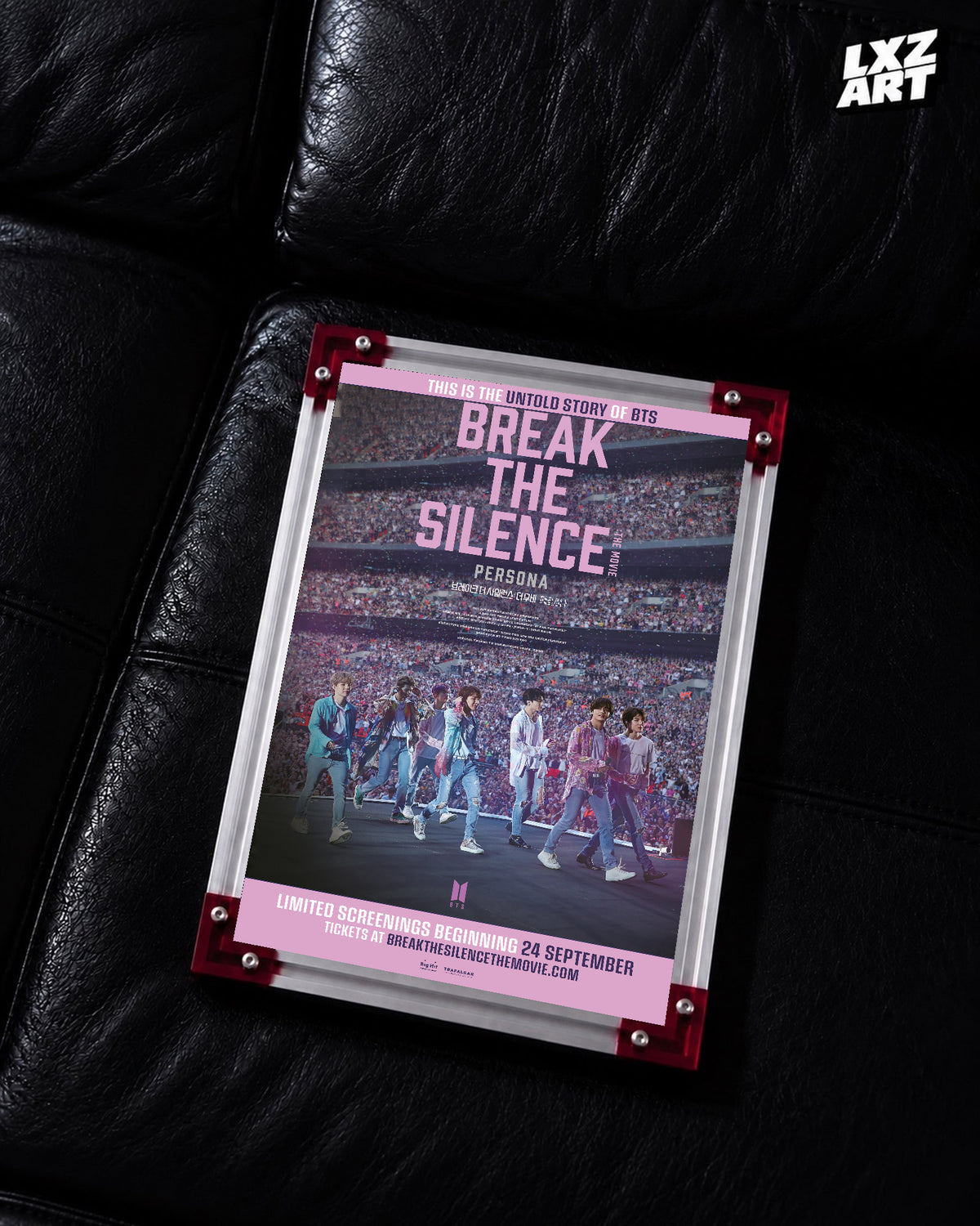 BTS Break the Silence: The Movie concert documentary poster displayed on a black leather sofa in a red-corner frame; unframed print, frame not included