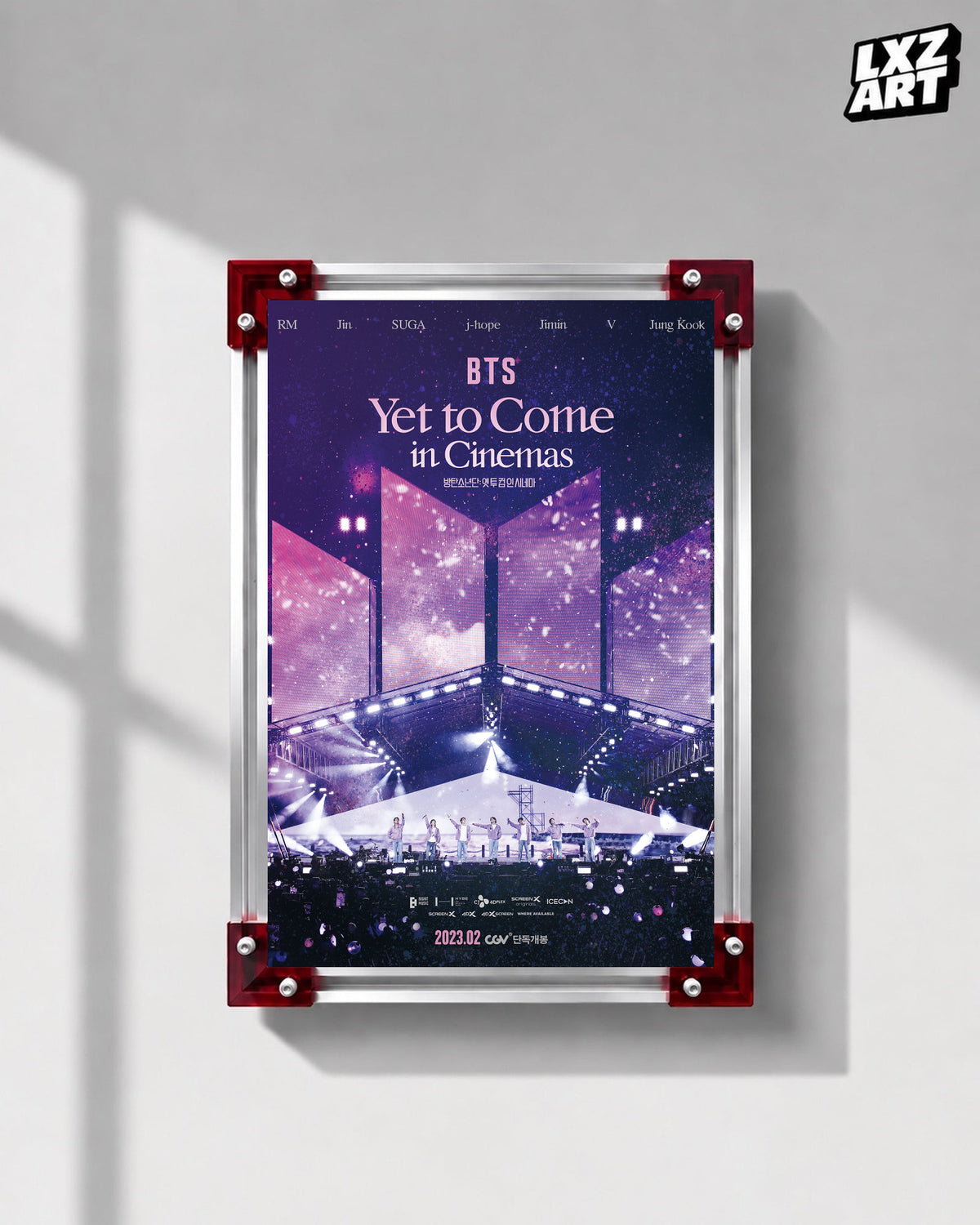 BTS Yet to Come in Cinemas concert film poster displayed on a gray wall in a red-corner frame; unframed print, frame not included