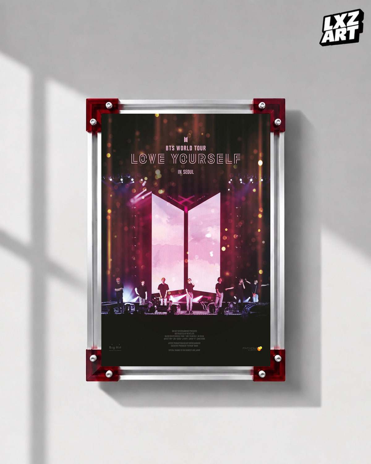BTS World Tour Love Yourself in Seoul concert film poster displayed on a gray wall in a red-corner frame; unframed print, frame not included