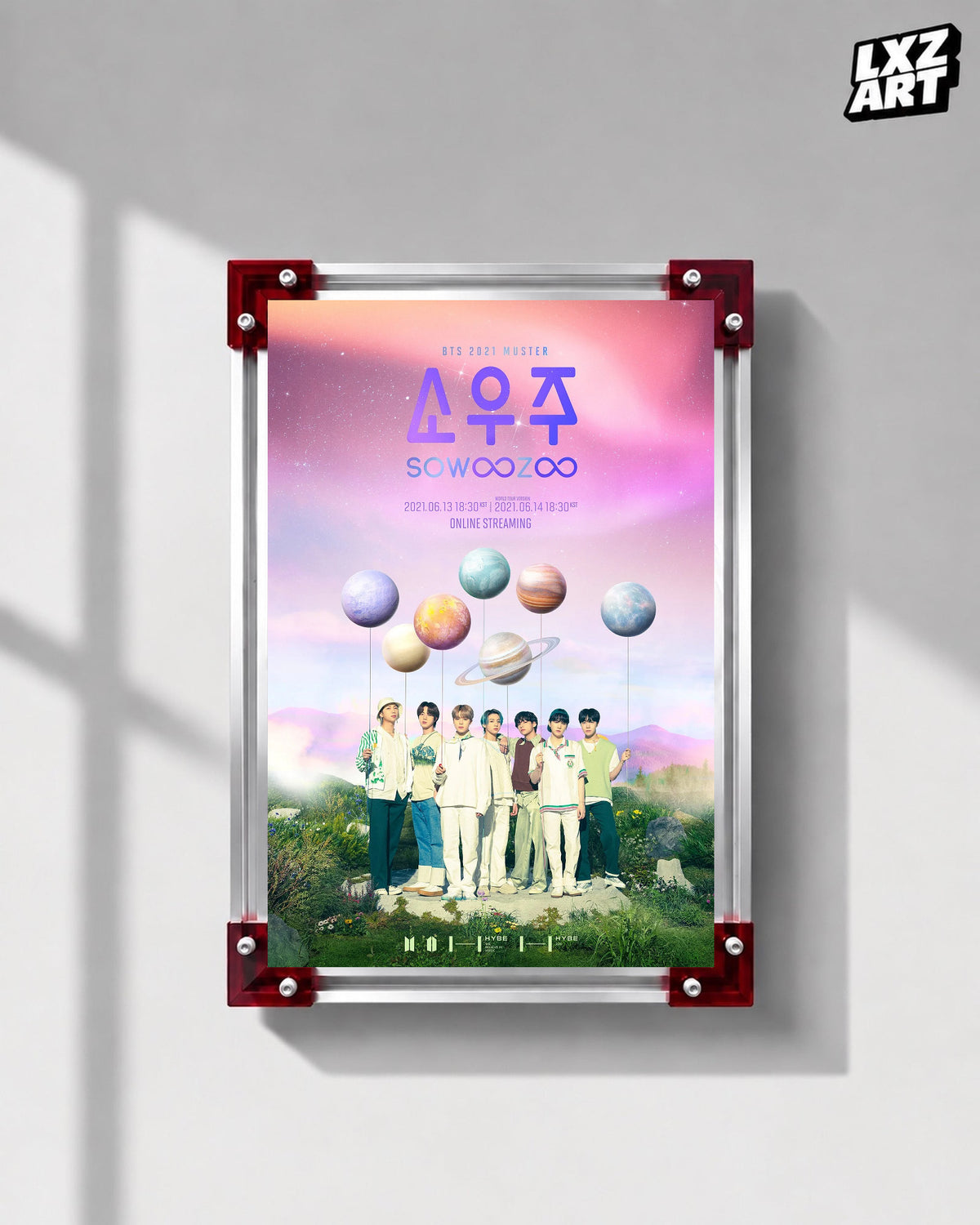 BTS 2021 Muster Sowoozoo concert event poster displayed on a gray wall in a red-corner frame; unframed print, frame not included