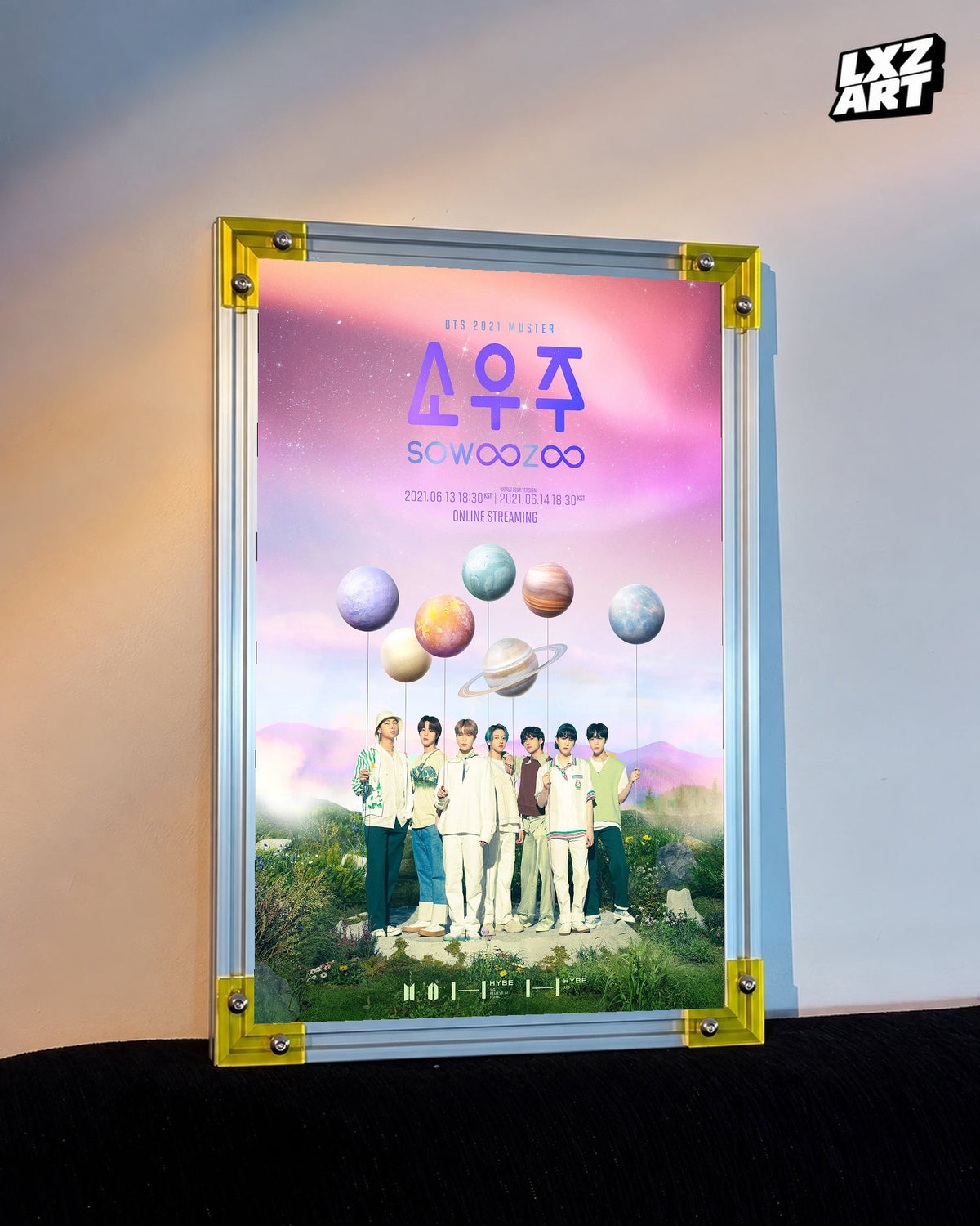 BTS 2021 Muster Sowoozoo concert event poster displayed against a warm wall in a yellow-corner frame; unframed print, frame not included