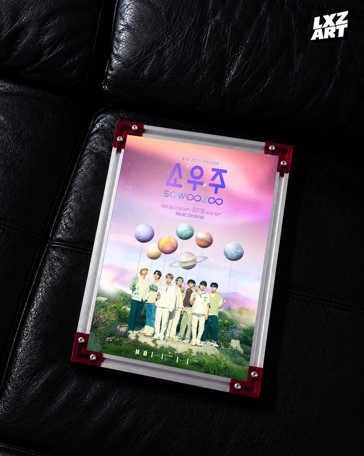 BTS 2021 Muster Sowoozoo concert event poster displayed on a black leather sofa in a red-corner frame; unframed print, frame not included