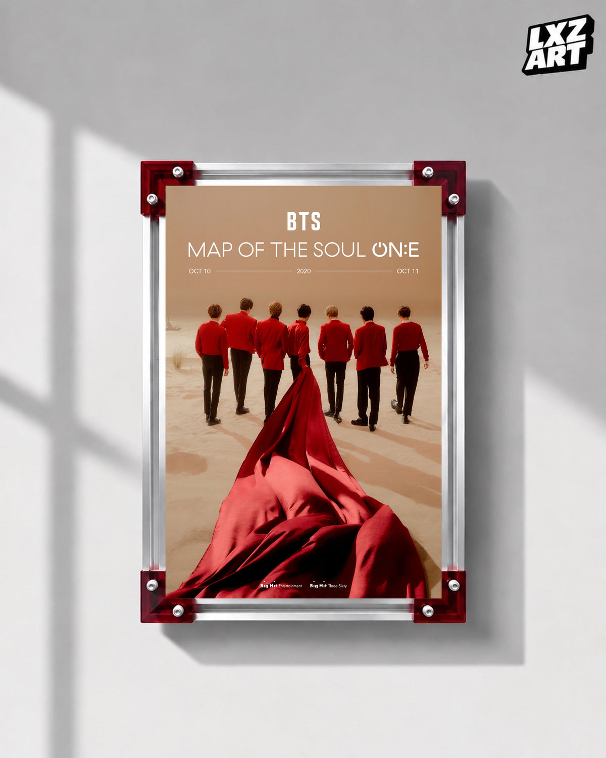 BTS Map of the Soul ON:E online concert poster displayed on a gray wall in a red-corner frame; unframed print, frame not included