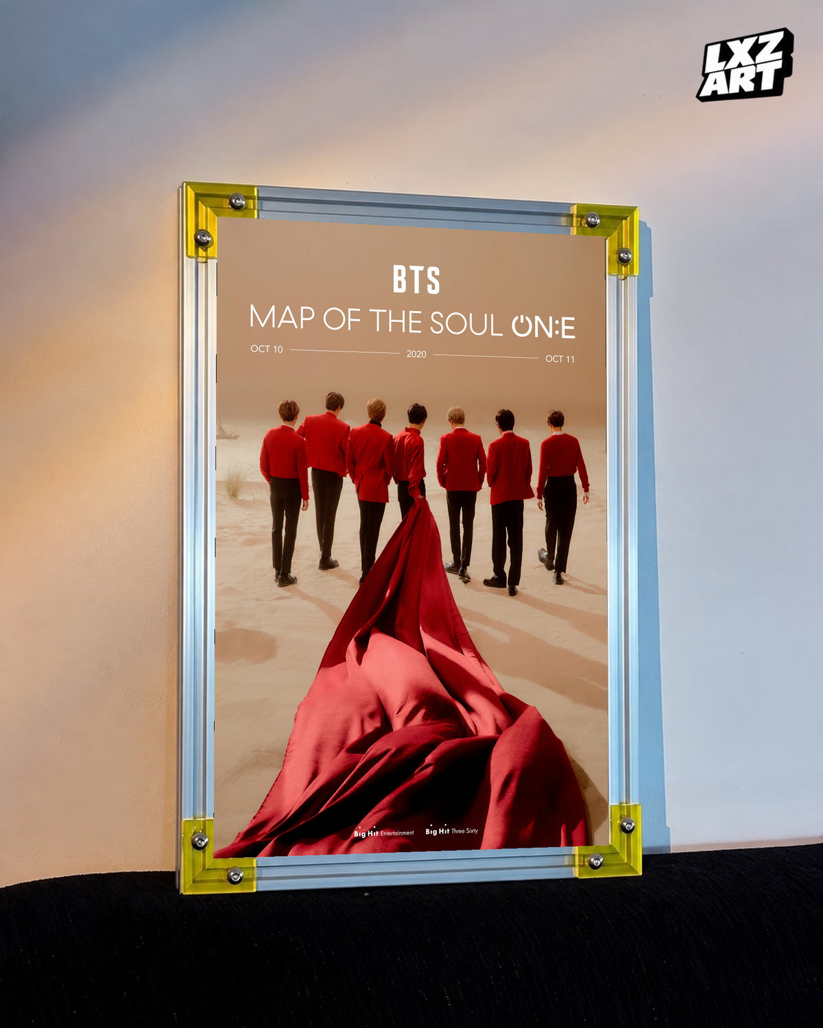BTS Map of the Soul ON:E online concert poster displayed against a warm wall in a yellow-corner frame; unframed print, frame not included